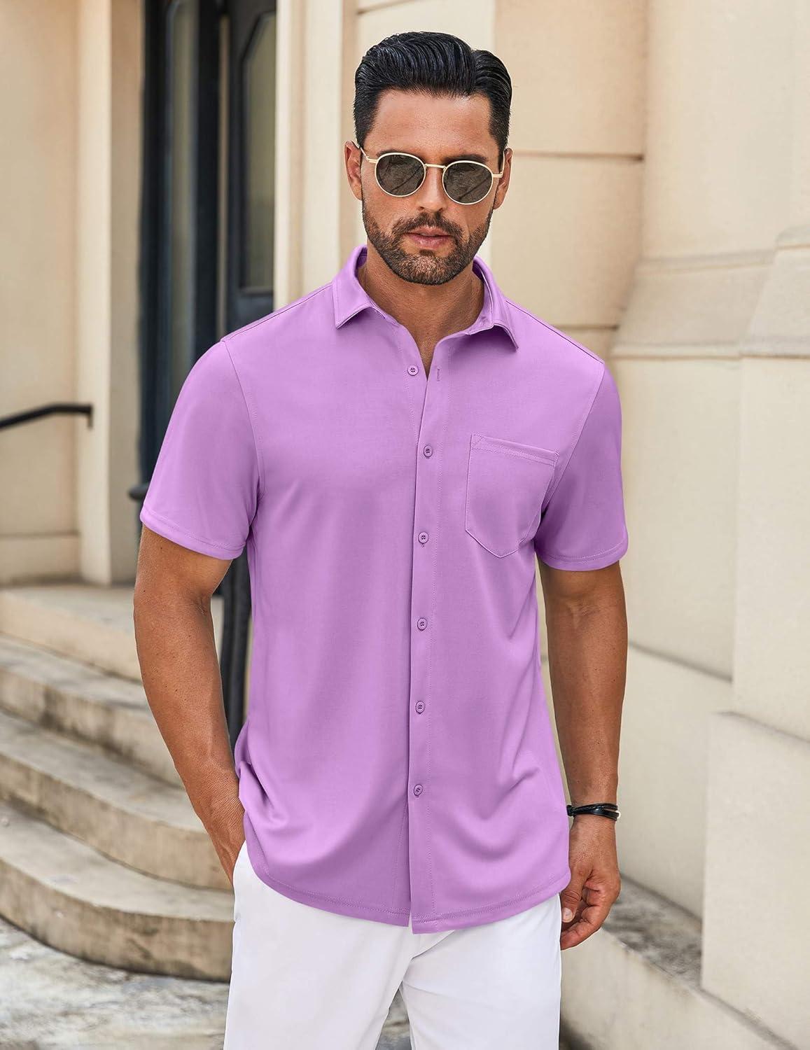 imageCOOFANDY Mens Casual Button Down Shirt Untucked Short Sleeve Strech Wrinkle Free Dress ShirtsLavender