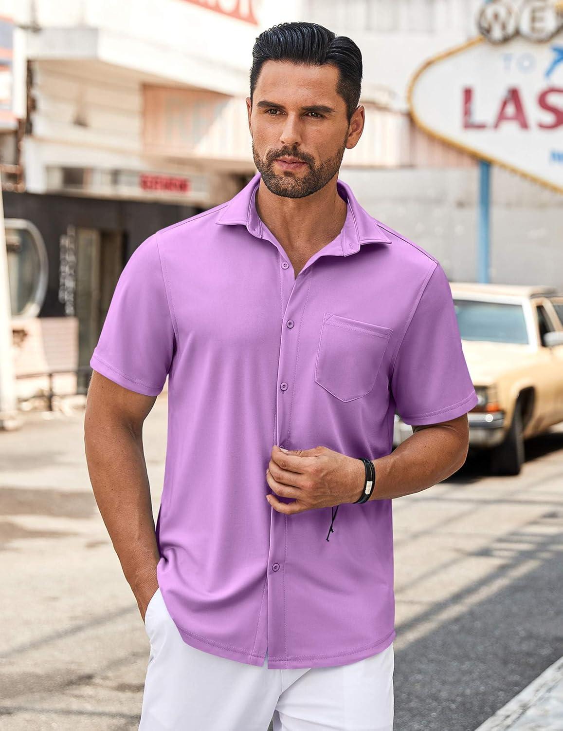 imageCOOFANDY Mens Casual Button Down Shirt Untucked Short Sleeve Strech Wrinkle Free Dress ShirtsLavender