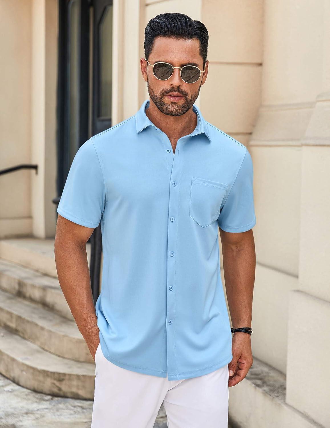 imageCOOFANDY Mens Casual Button Down Shirt Untucked Short Sleeve Strech Wrinkle Free Dress ShirtsLight Blue