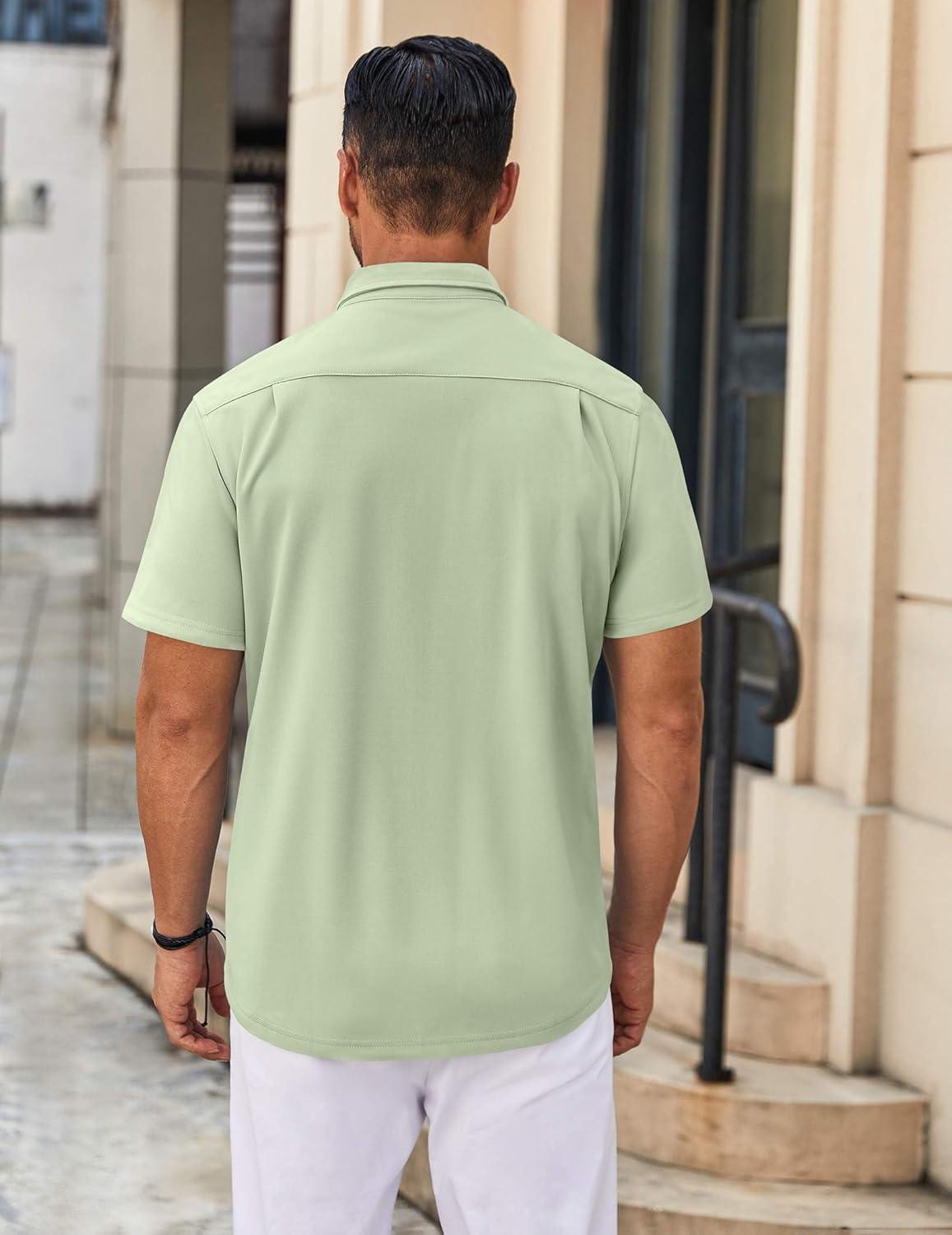 imageCOOFANDY Mens Casual Button Down Shirt Untucked Short Sleeve Strech Wrinkle Free Dress ShirtsLight Green