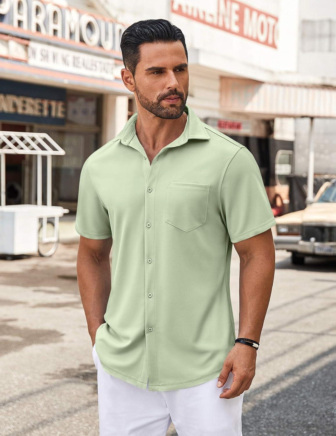 imageCOOFANDY Mens Casual Button Down Shirt Untucked Short Sleeve Strech Wrinkle Free Dress ShirtsLight Green