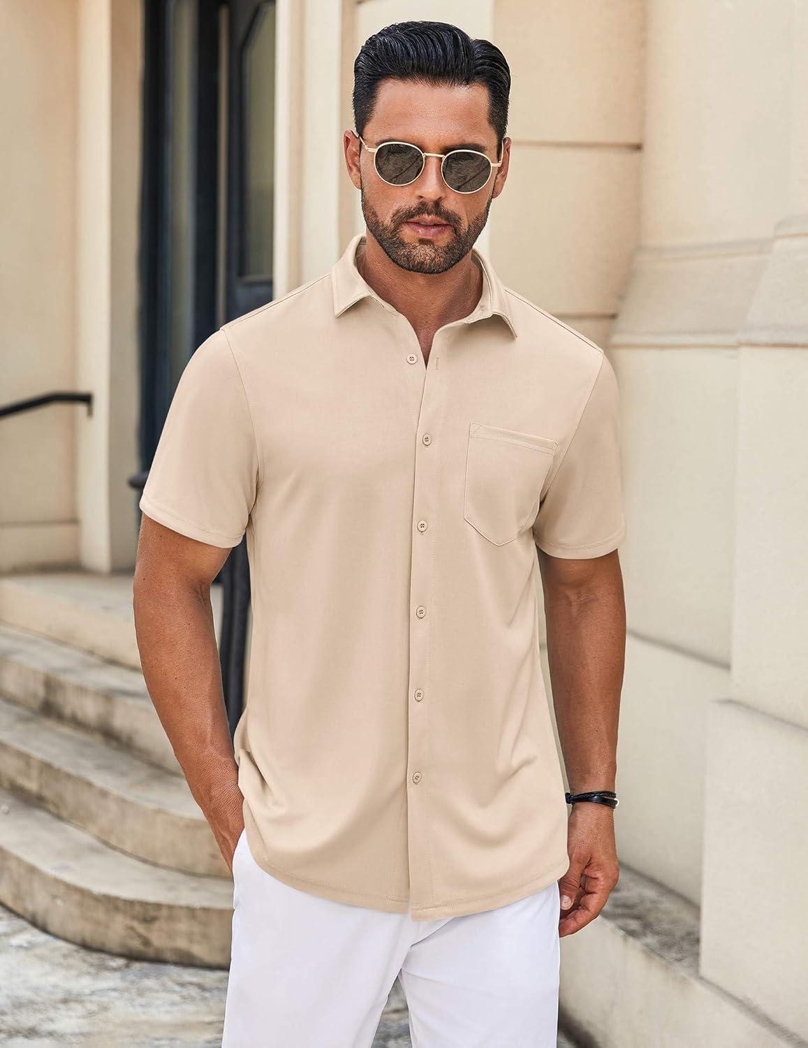 imageCOOFANDY Mens Casual Button Down Shirt Untucked Short Sleeve Strech Wrinkle Free Dress ShirtsLight Khaki