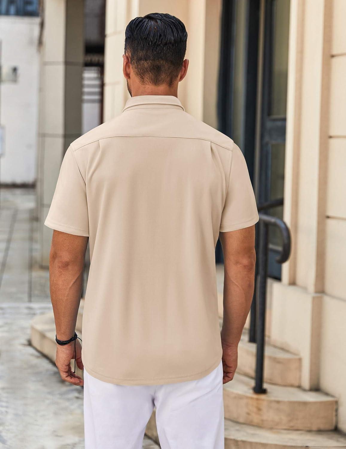 imageCOOFANDY Mens Casual Button Down Shirt Untucked Short Sleeve Strech Wrinkle Free Dress ShirtsLight Khaki