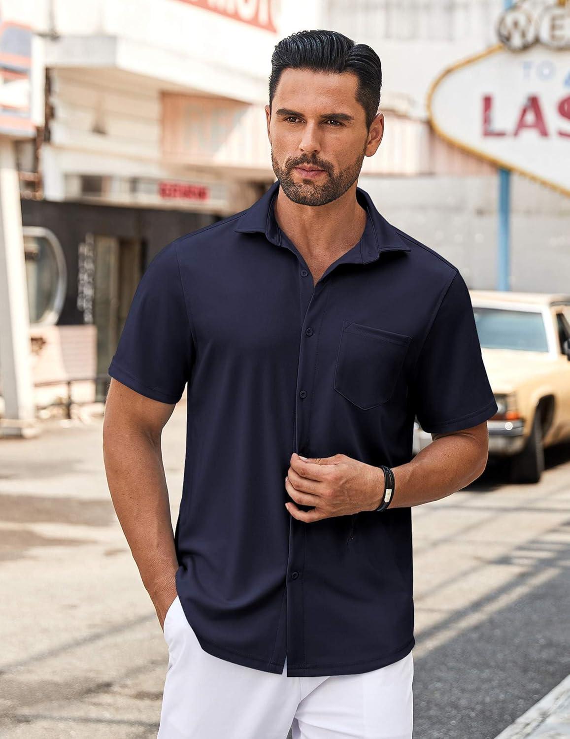 imageCOOFANDY Mens Casual Button Down Shirt Untucked Short Sleeve Strech Wrinkle Free Dress ShirtsNavy Blue
