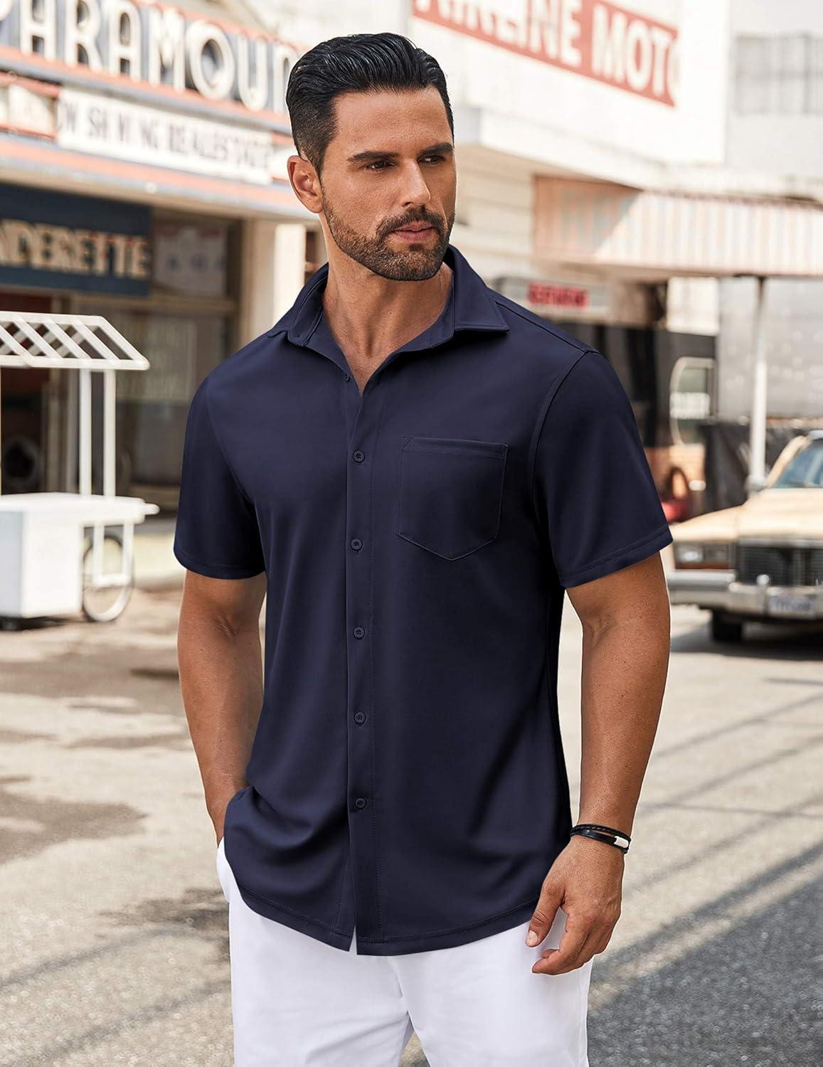 imageCOOFANDY Mens Casual Button Down Shirt Untucked Short Sleeve Strech Wrinkle Free Dress ShirtsNavy Blue