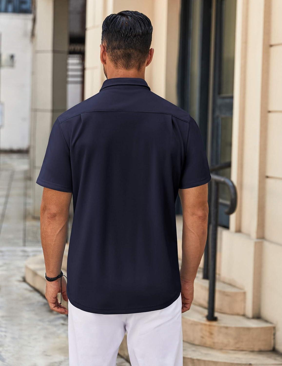 imageCOOFANDY Mens Casual Button Down Shirt Untucked Short Sleeve Strech Wrinkle Free Dress ShirtsNavy Blue