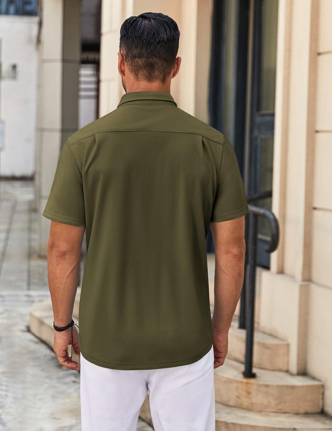 imageCOOFANDY Mens Casual Button Down Shirt Untucked Short Sleeve Strech Wrinkle Free Dress ShirtsOlive Green
