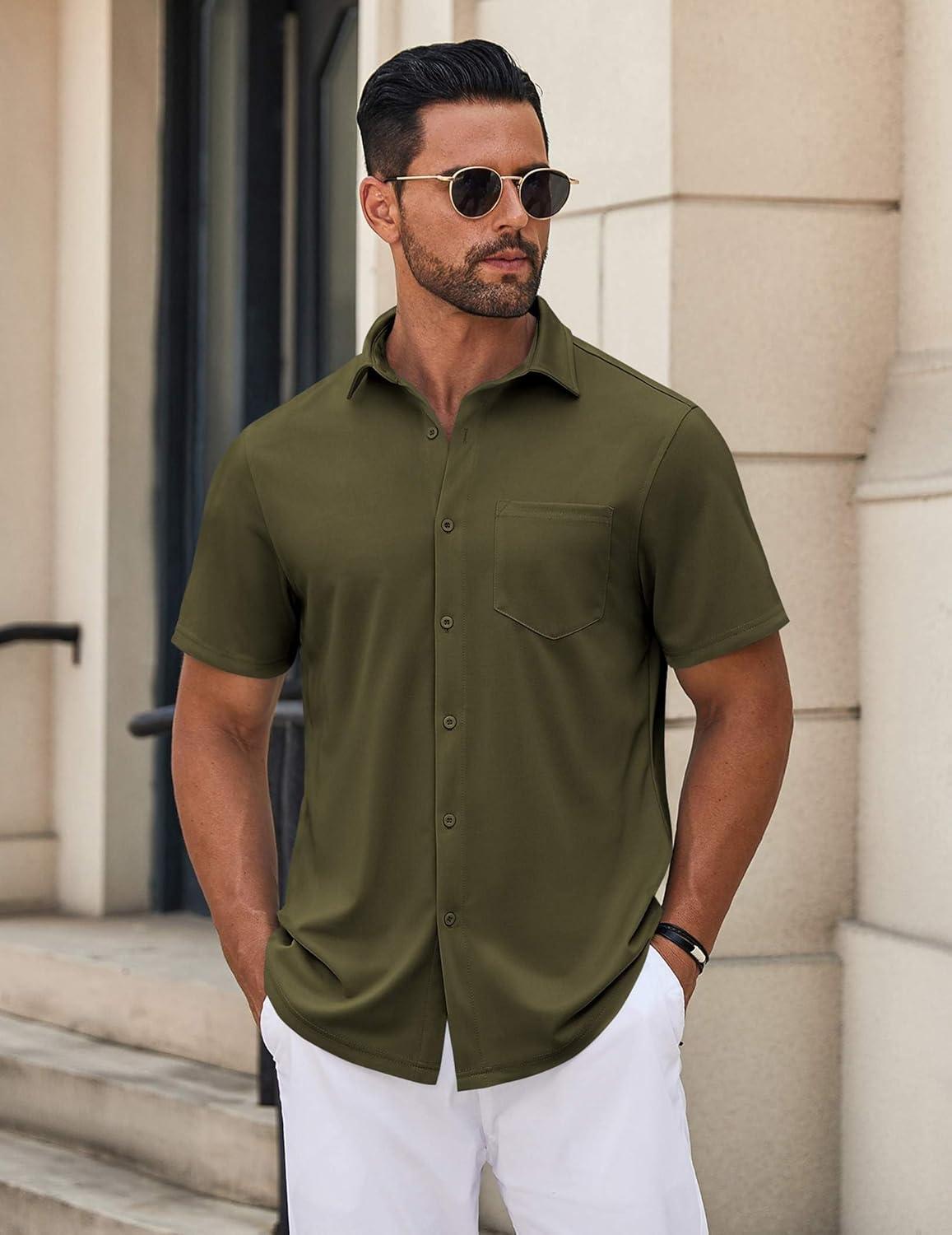 imageCOOFANDY Mens Casual Button Down Shirt Untucked Short Sleeve Strech Wrinkle Free Dress ShirtsOlive Green