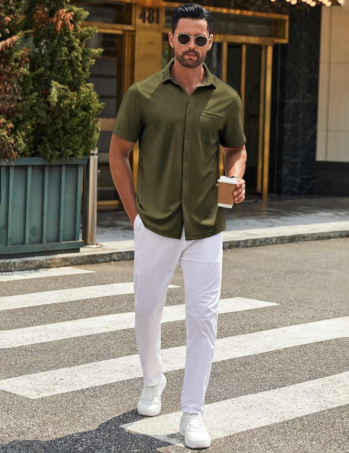imageCOOFANDY Mens Casual Button Down Shirt Untucked Short Sleeve Strech Wrinkle Free Dress ShirtsOlive Green