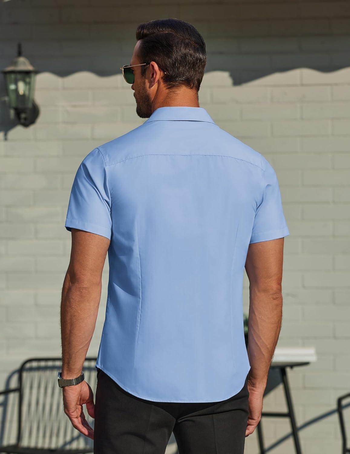 imageCOOFANDY Mens Casual Button Down Shirt Untucked Short Sleeve Strech Wrinkle Free Dress ShirtsSky Blue