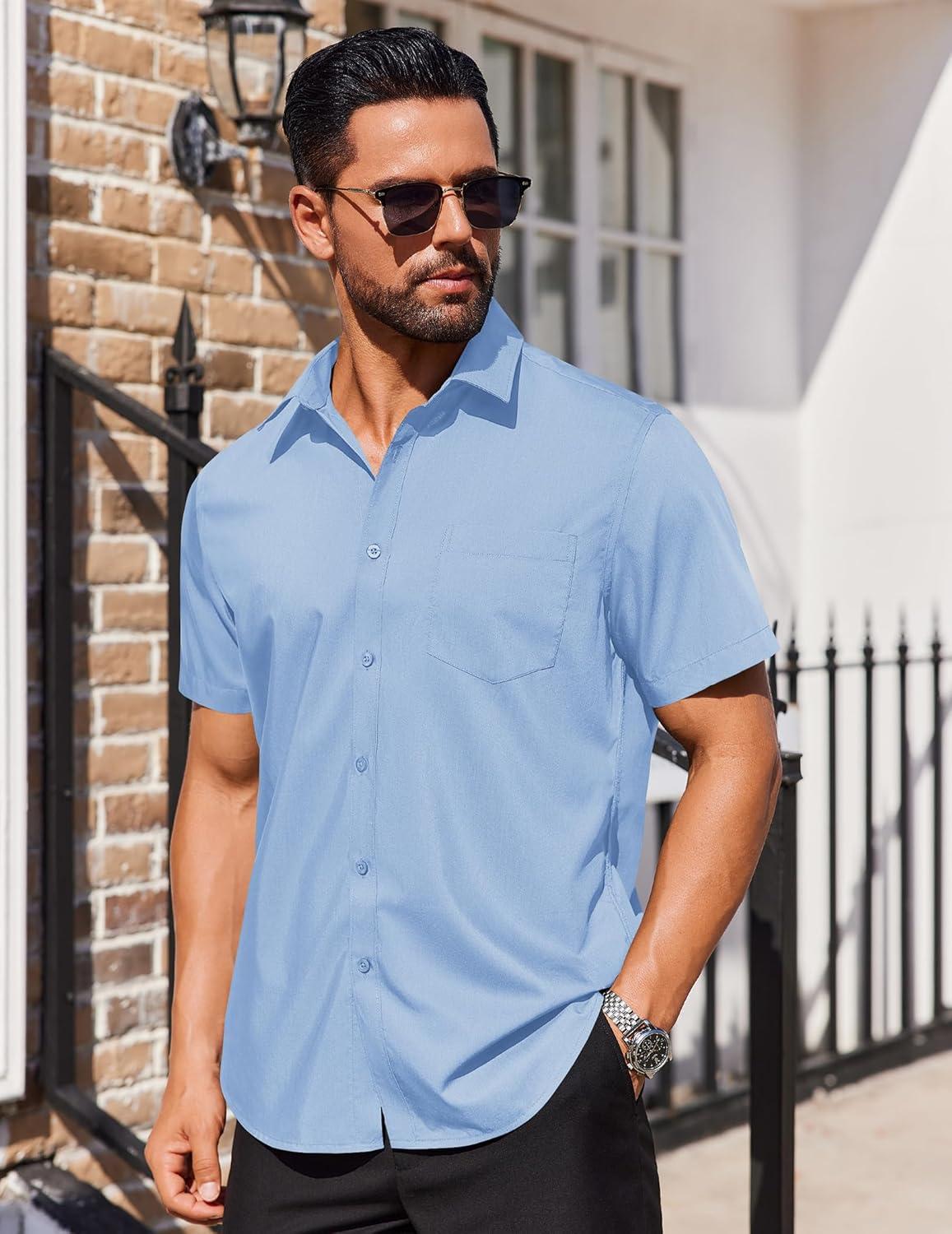 imageCOOFANDY Mens Casual Button Down Shirt Untucked Short Sleeve Strech Wrinkle Free Dress ShirtsSky Blue