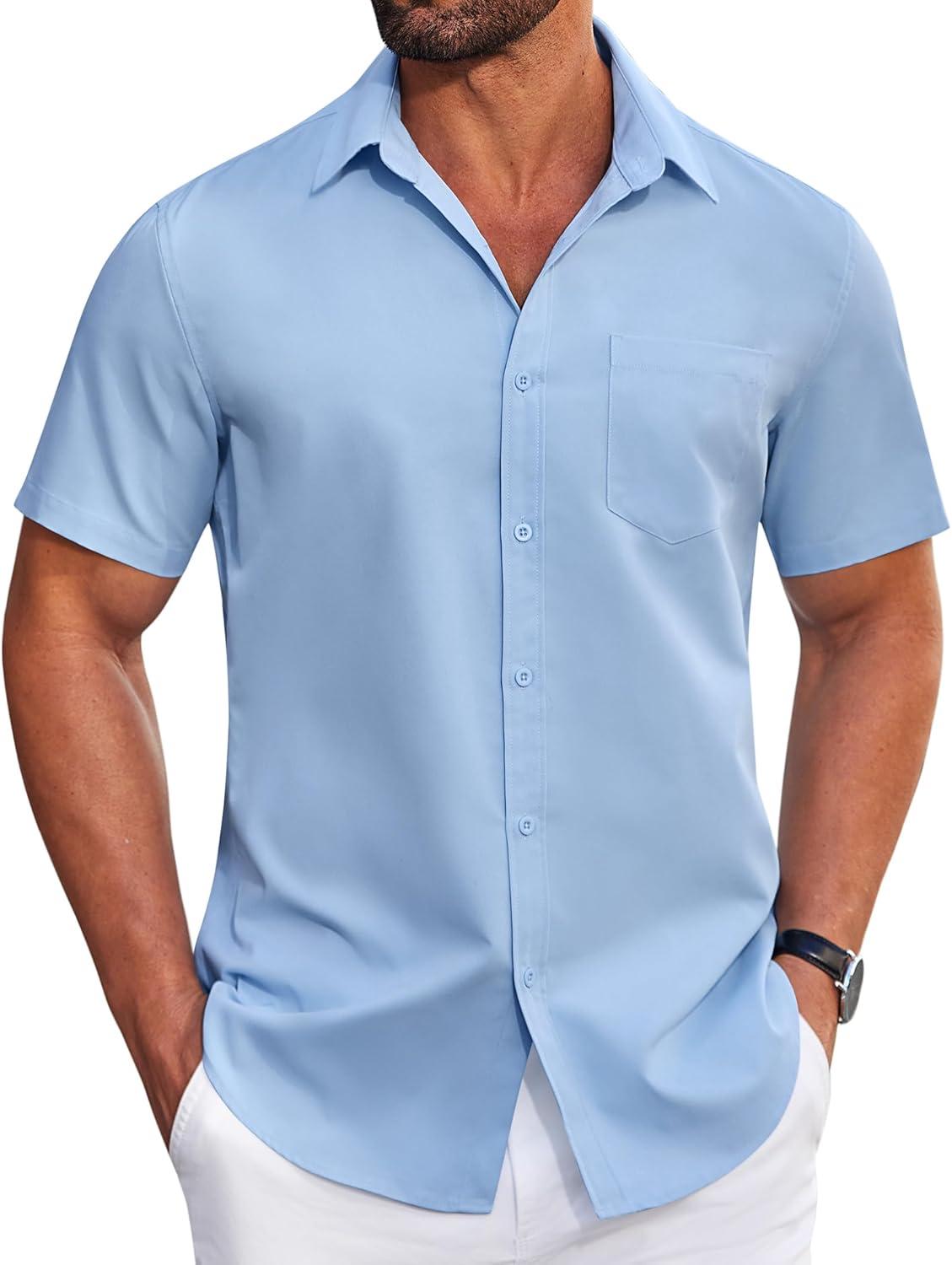 imageCOOFANDY Mens Casual Button Down Shirt Untucked Short Sleeve Strech Wrinkle Free Dress ShirtsSky Blue