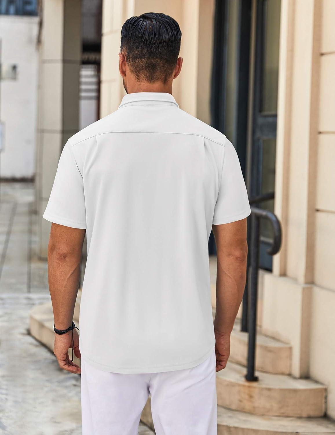 imageCOOFANDY Mens Casual Button Down Shirt Untucked Short Sleeve Strech Wrinkle Free Dress ShirtsWhite