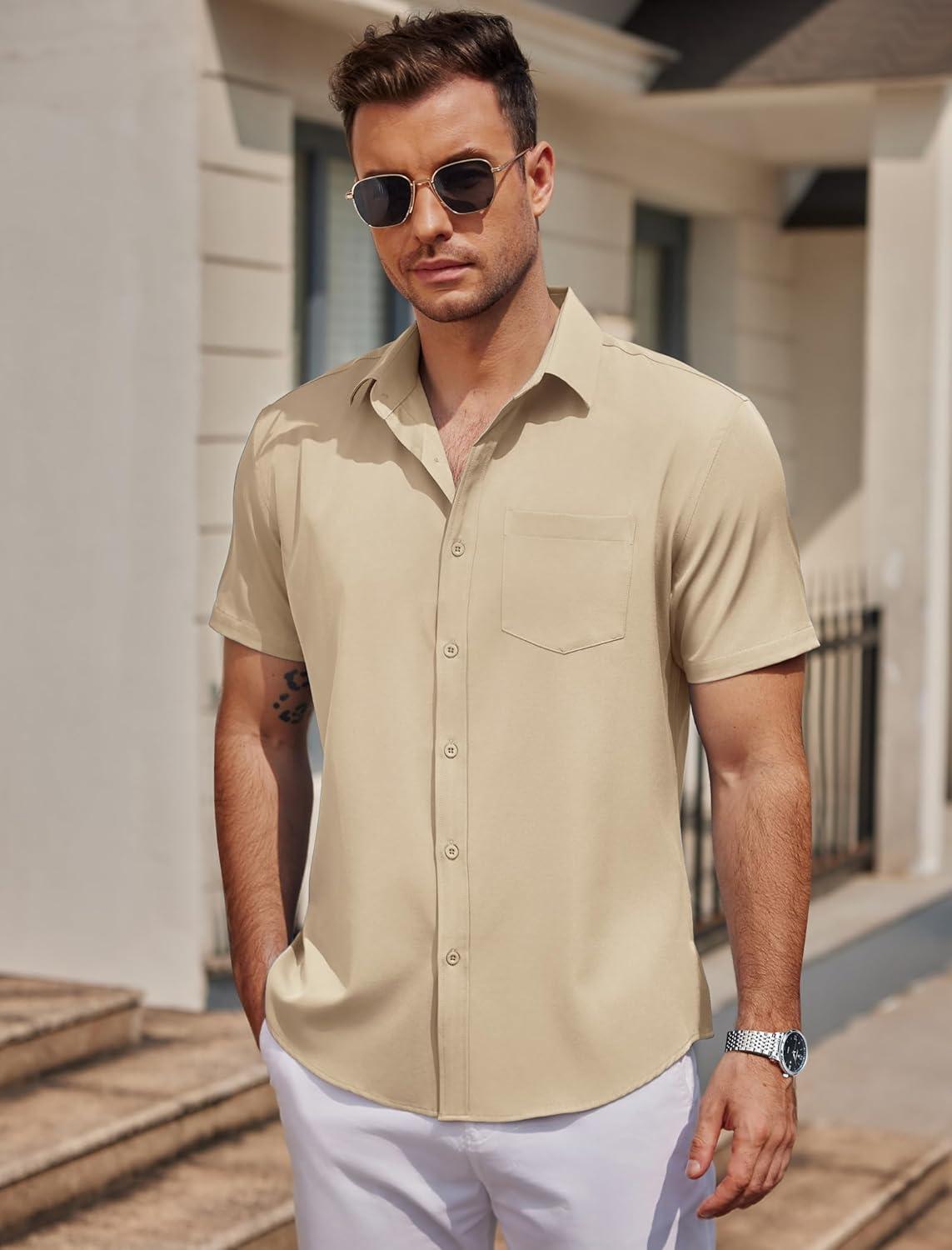 imageCOOFANDY Mens Casual Button Down Shirts Short Sleeve Business Shirts Lightweight Wrinkle Free Dress ShirtsBeige