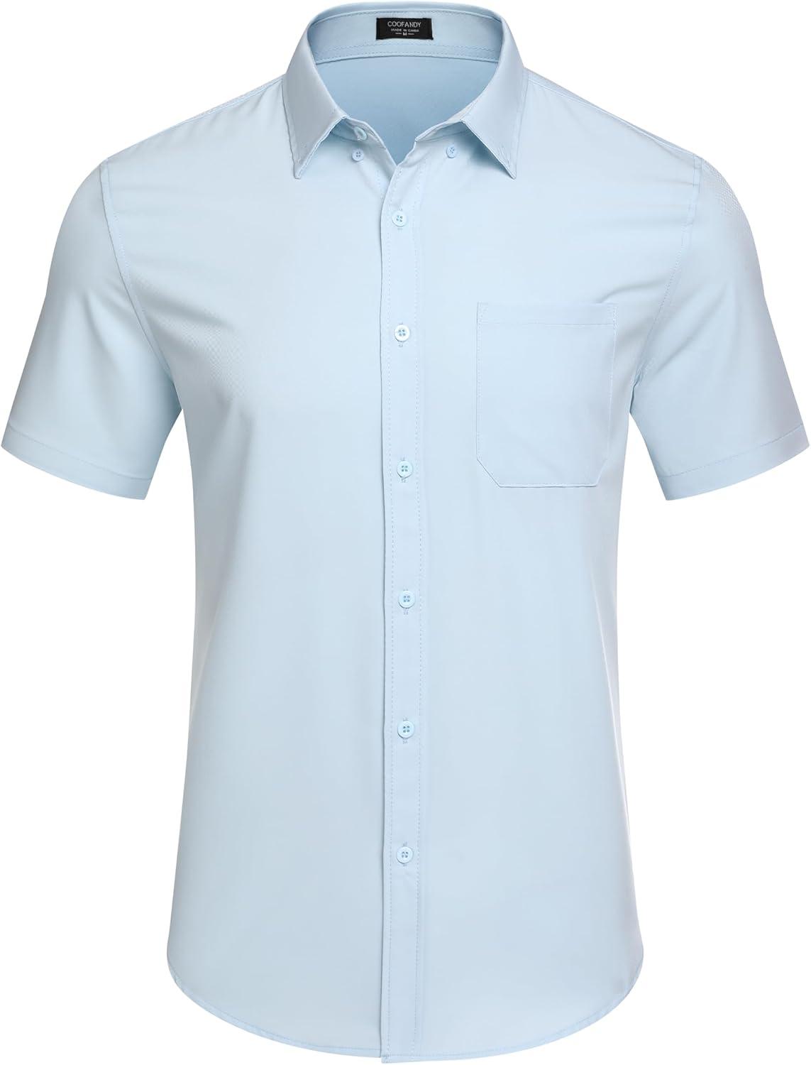 imageCOOFANDY Mens Casual Dress Shirt Short Sleeve Wrinkle Free Dress Shirt Business Casual ShirtsLight Blue