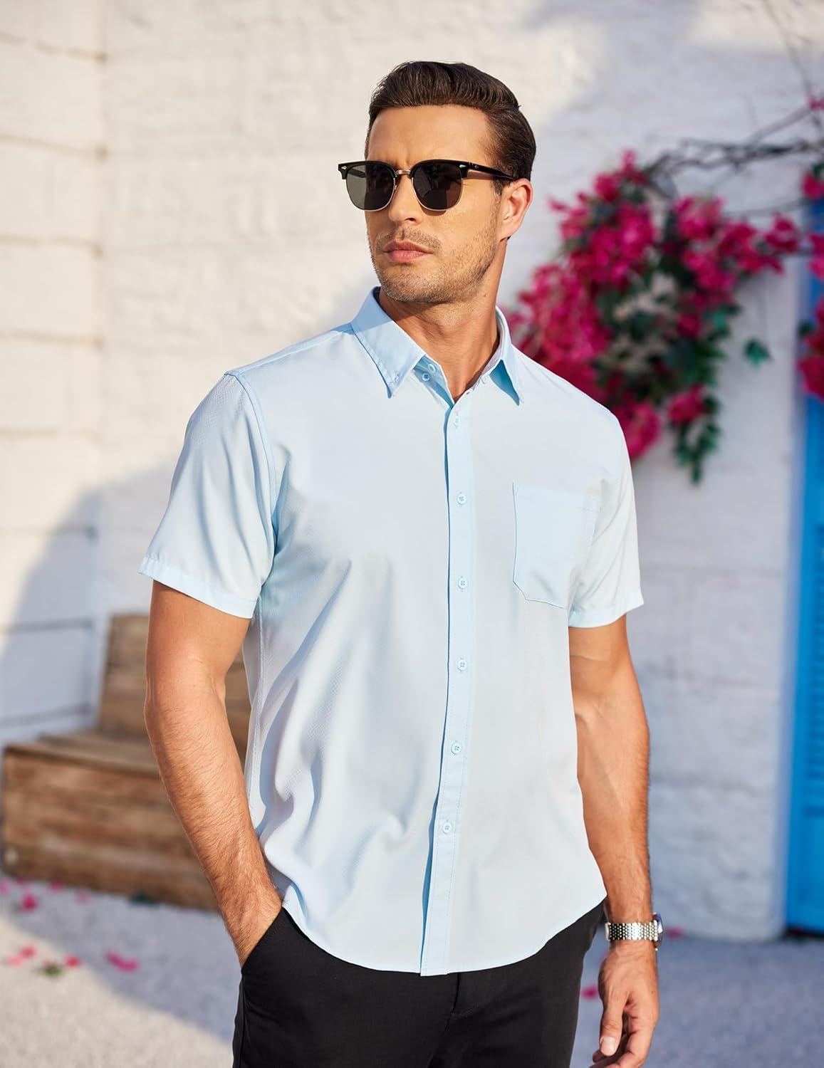 imageCOOFANDY Mens Casual Dress Shirt Short Sleeve Wrinkle Free Dress Shirt Business Casual ShirtsLight Blue