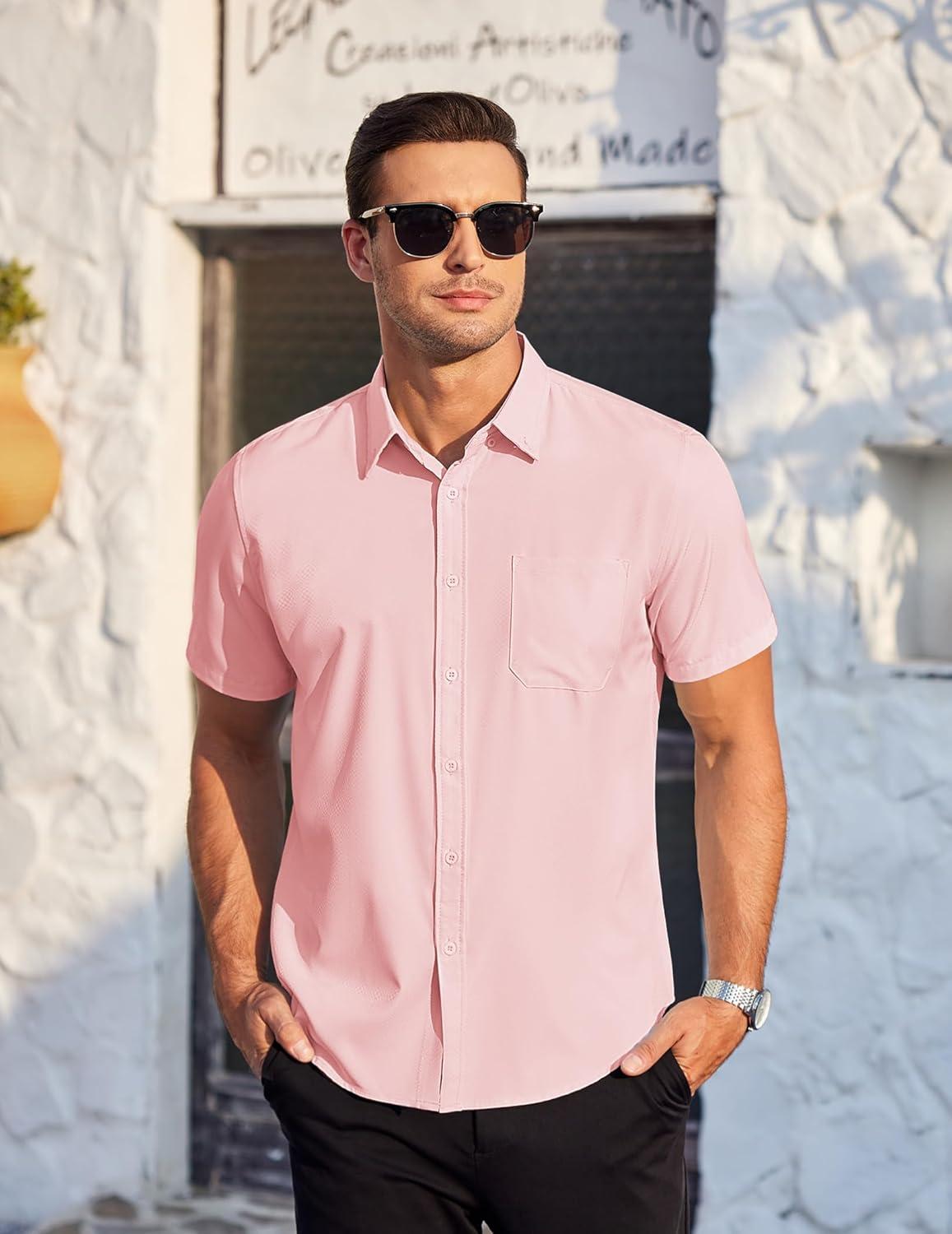 imageCOOFANDY Mens Casual Dress Shirt Short Sleeve Wrinkle Free Dress Shirt Business Casual ShirtsLight Pink