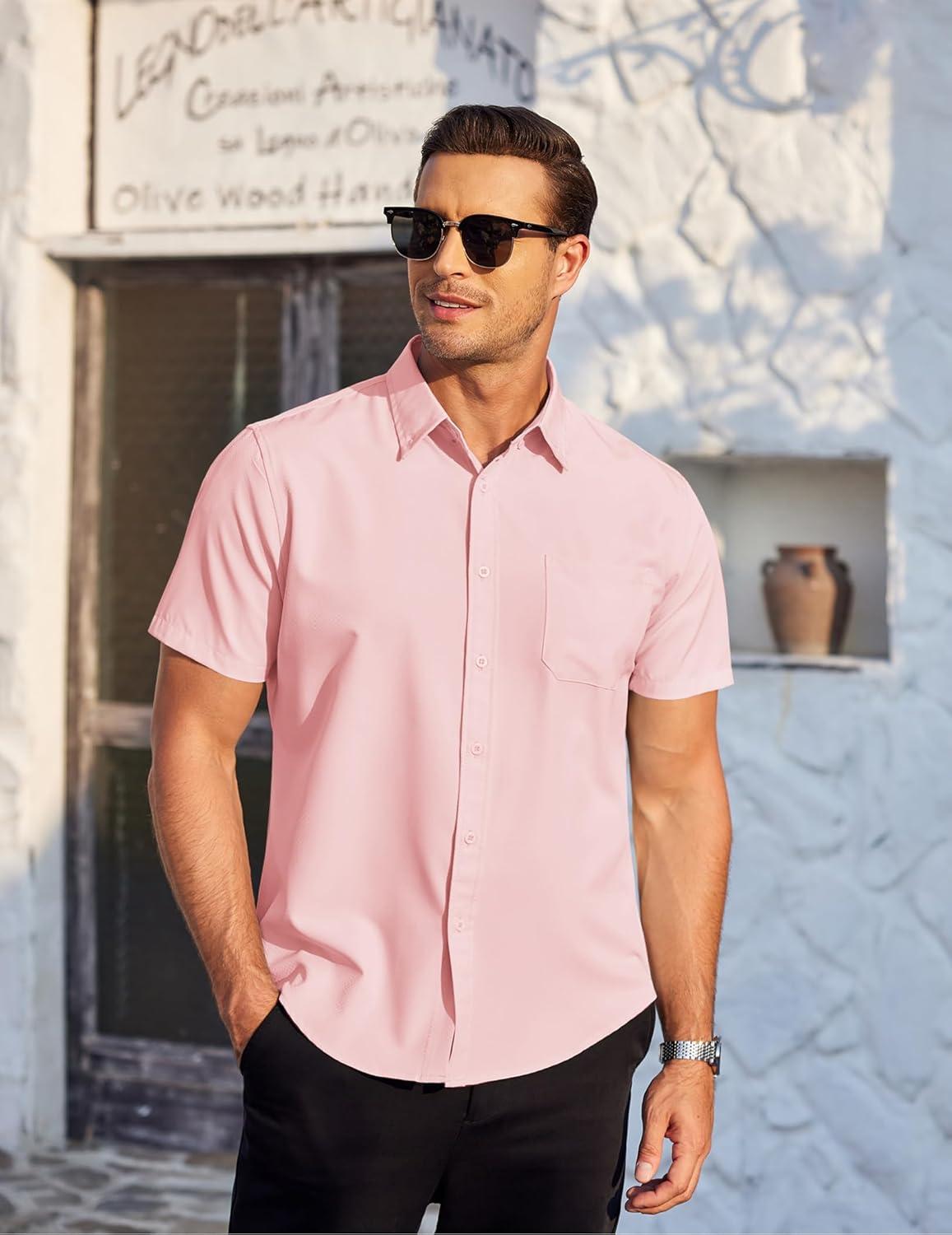 imageCOOFANDY Mens Casual Dress Shirt Short Sleeve Wrinkle Free Dress Shirt Business Casual ShirtsLight Pink