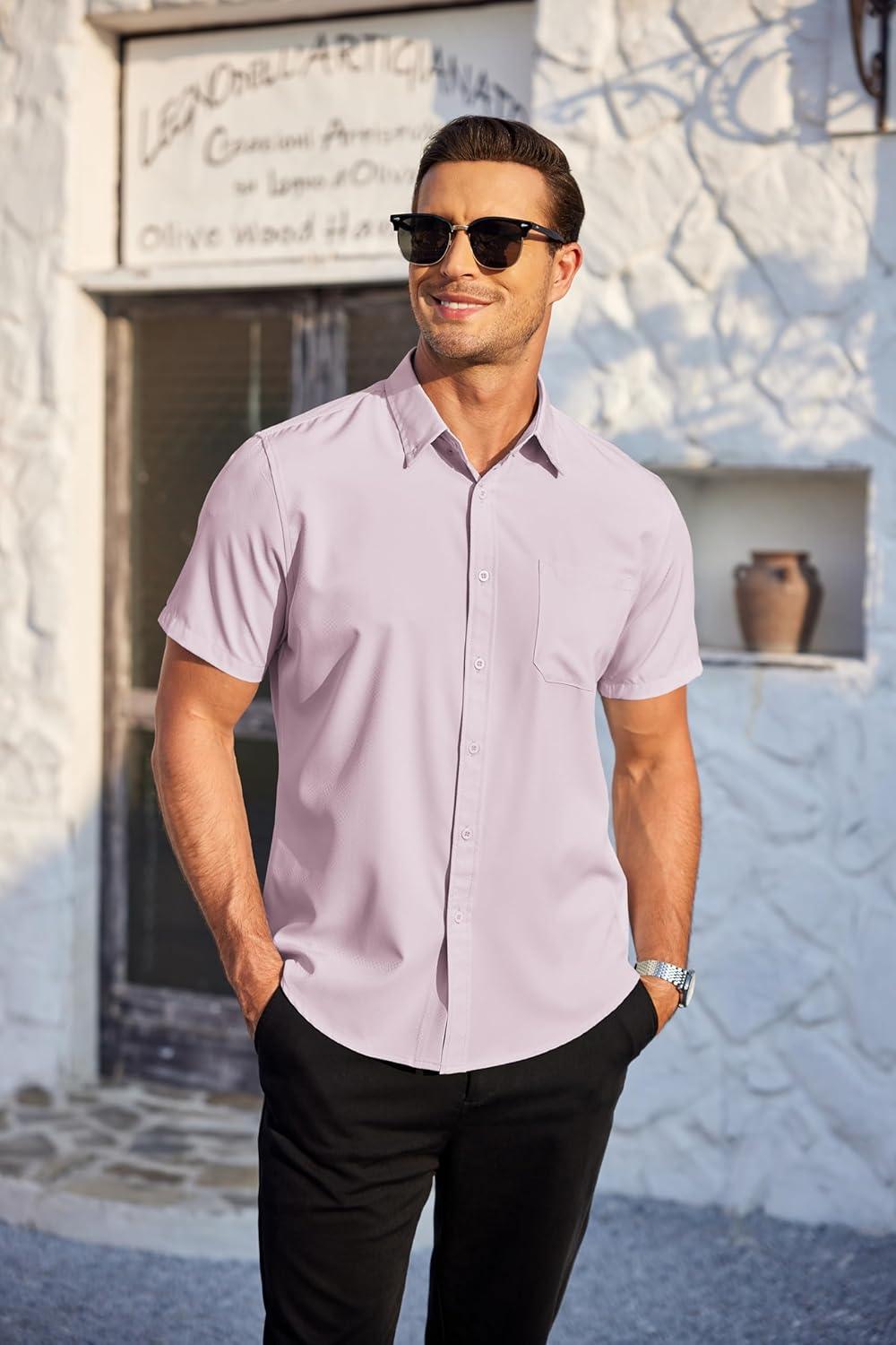 imageCOOFANDY Mens Casual Dress Shirt Short Sleeve Wrinkle Free Dress Shirt Business Casual ShirtsLight Purple