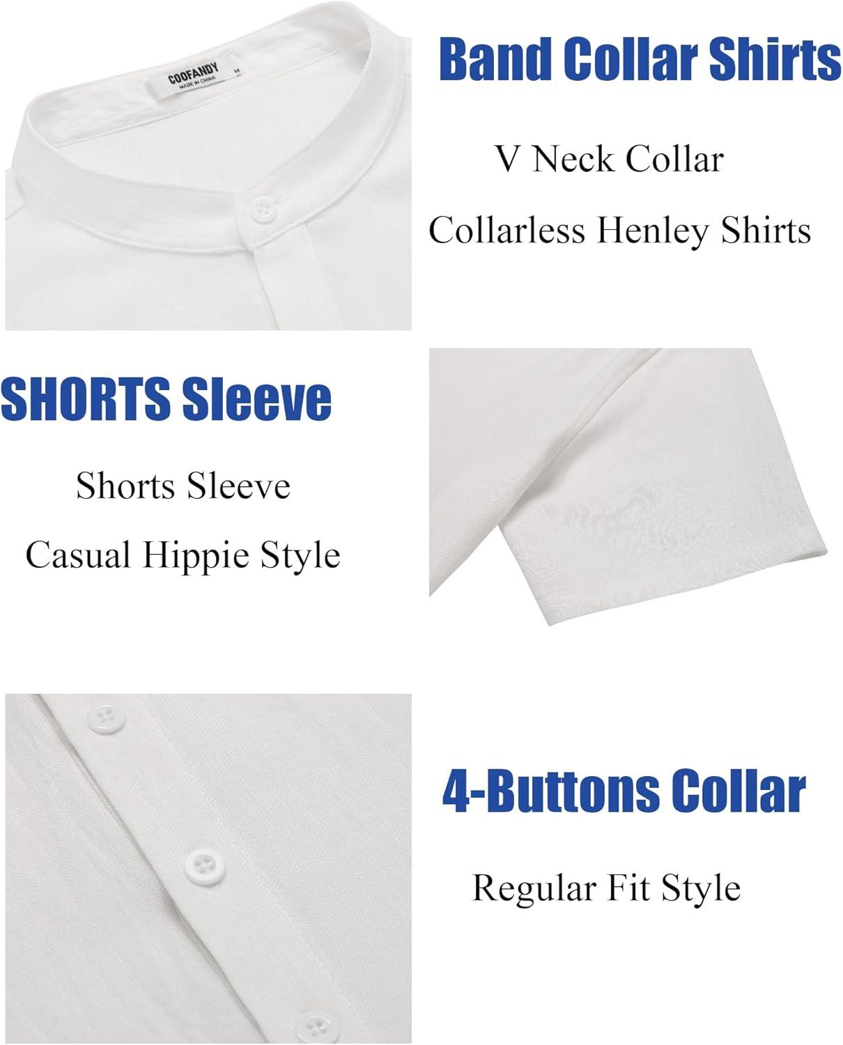 imageCOOFANDY Mens Casual Henley Shirt Short Sleeve Summer Shirts Linen Band Collar Summer Beach Hippie TShirts01white