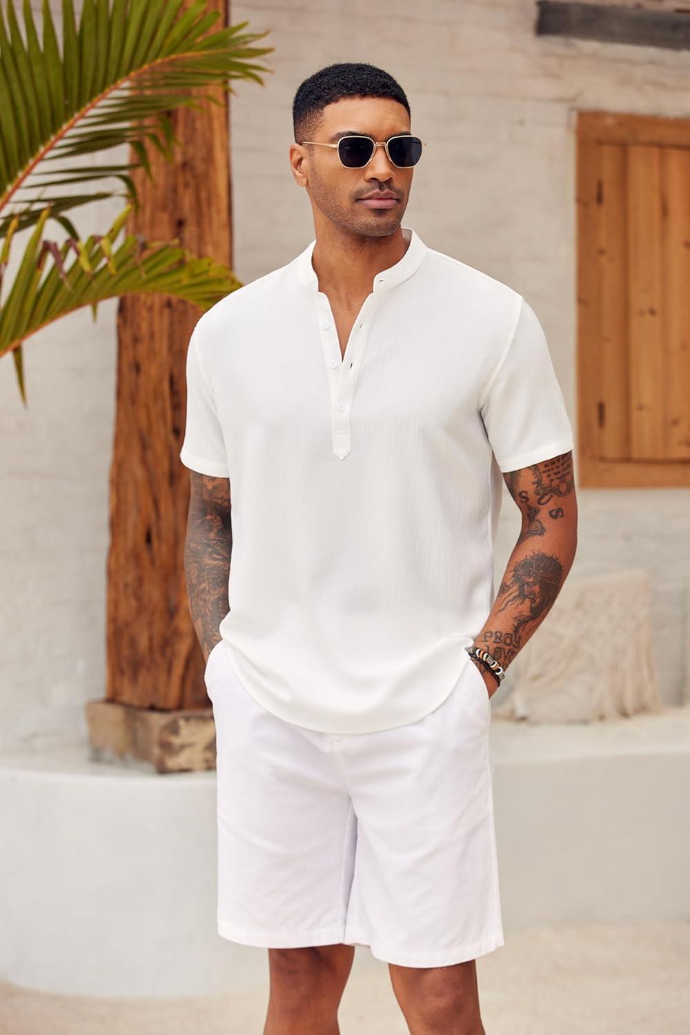 imageCOOFANDY Mens Casual Henley Shirt Short Sleeve Summer Shirts Linen Band Collar Summer Beach Hippie TShirts01white