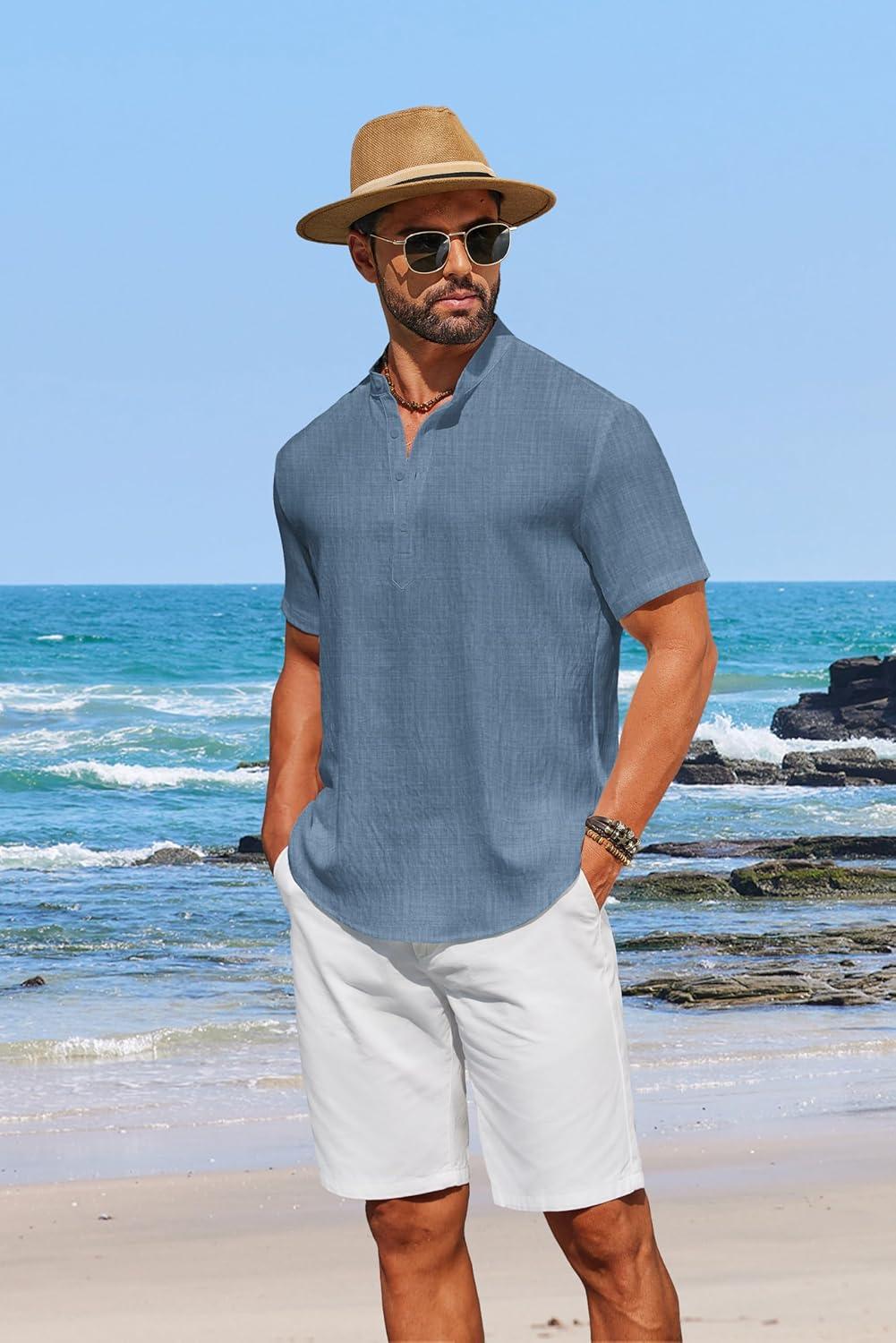 imageCOOFANDY Mens Casual Henley Shirt Short Sleeve Summer Shirts Linen Band Collar Summer Beach Hippie TShirtsDenim Blue