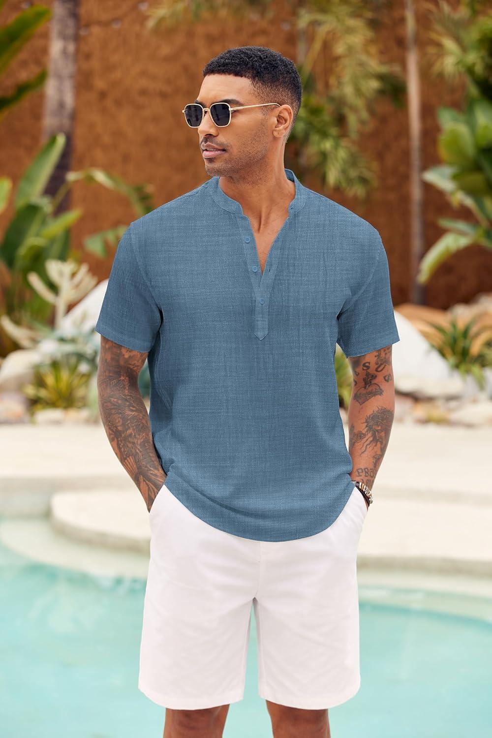 imageCOOFANDY Mens Casual Henley Shirt Short Sleeve Summer Shirts Linen Band Collar Summer Beach Hippie TShirtsDenim Blue