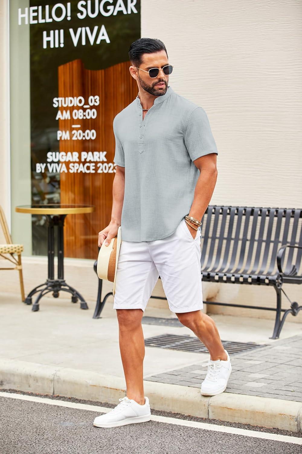 imageCOOFANDY Mens Casual Henley Shirt Short Sleeve Summer Shirts Linen Band Collar Summer Beach Hippie TShirtsGrey