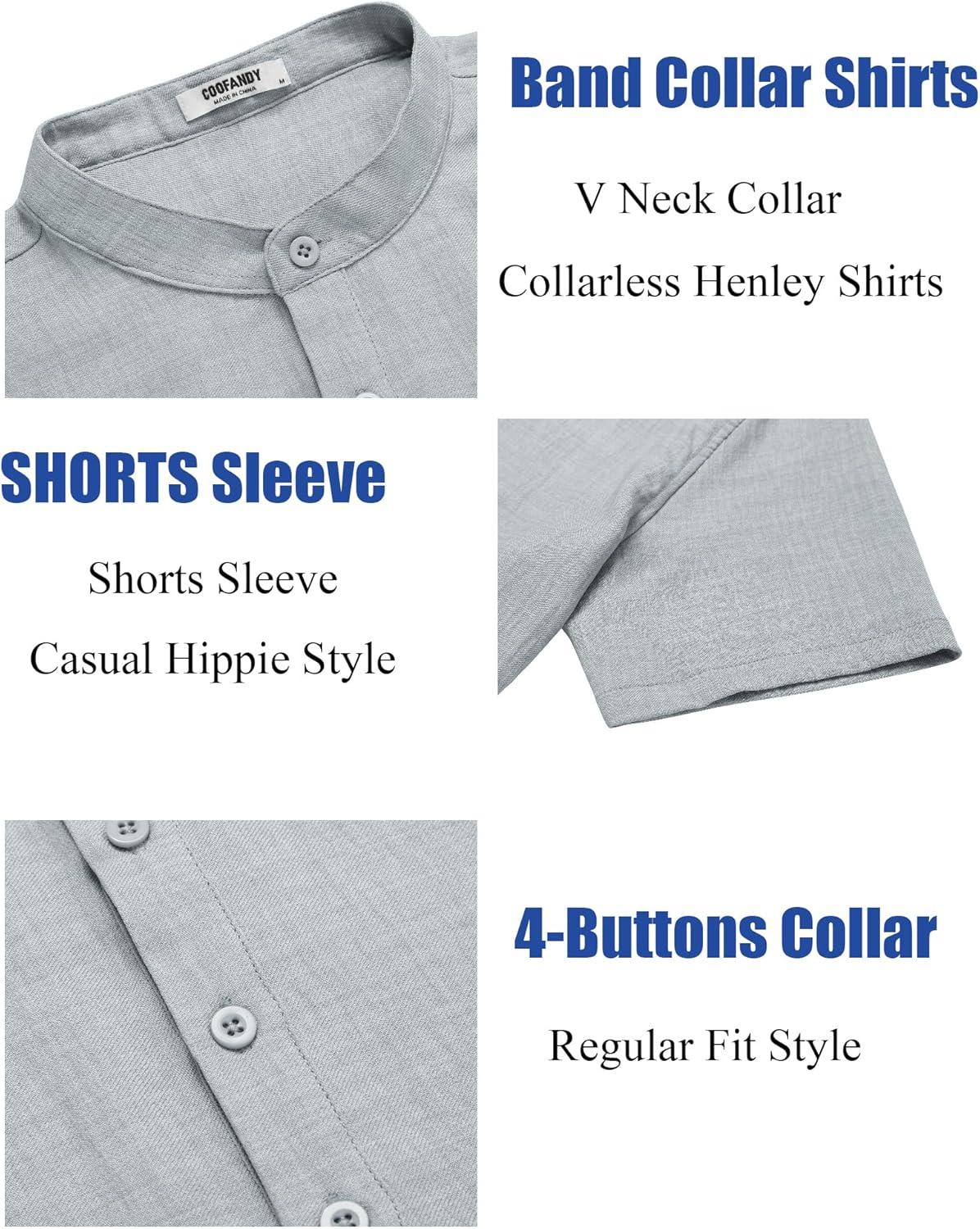 imageCOOFANDY Mens Casual Henley Shirt Short Sleeve Summer Shirts Linen Band Collar Summer Beach Hippie TShirtsGrey