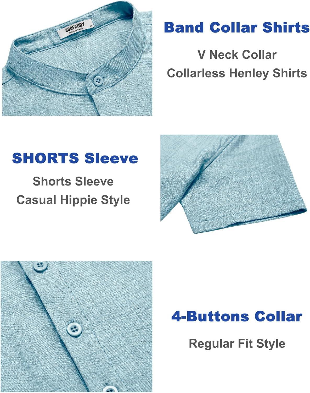 imageCOOFANDY Mens Casual Henley Shirt Short Sleeve Summer Shirts Linen Band Collar Summer Beach Hippie TShirtsLight Ice Blue