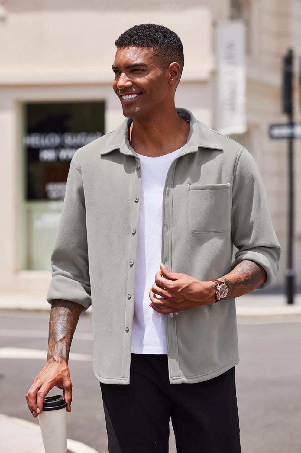 imageCOOFANDY Mens Casual Shirt Long Sleeve Button Down Lightweight Flannel ShirtsLight Grey