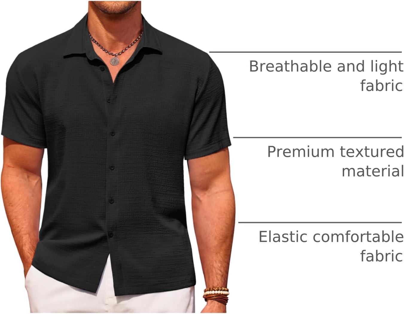 imageCOOFANDY Mens Casual Short Sleeve Button Down Shirt Textured Summer Beach ShirtBlack