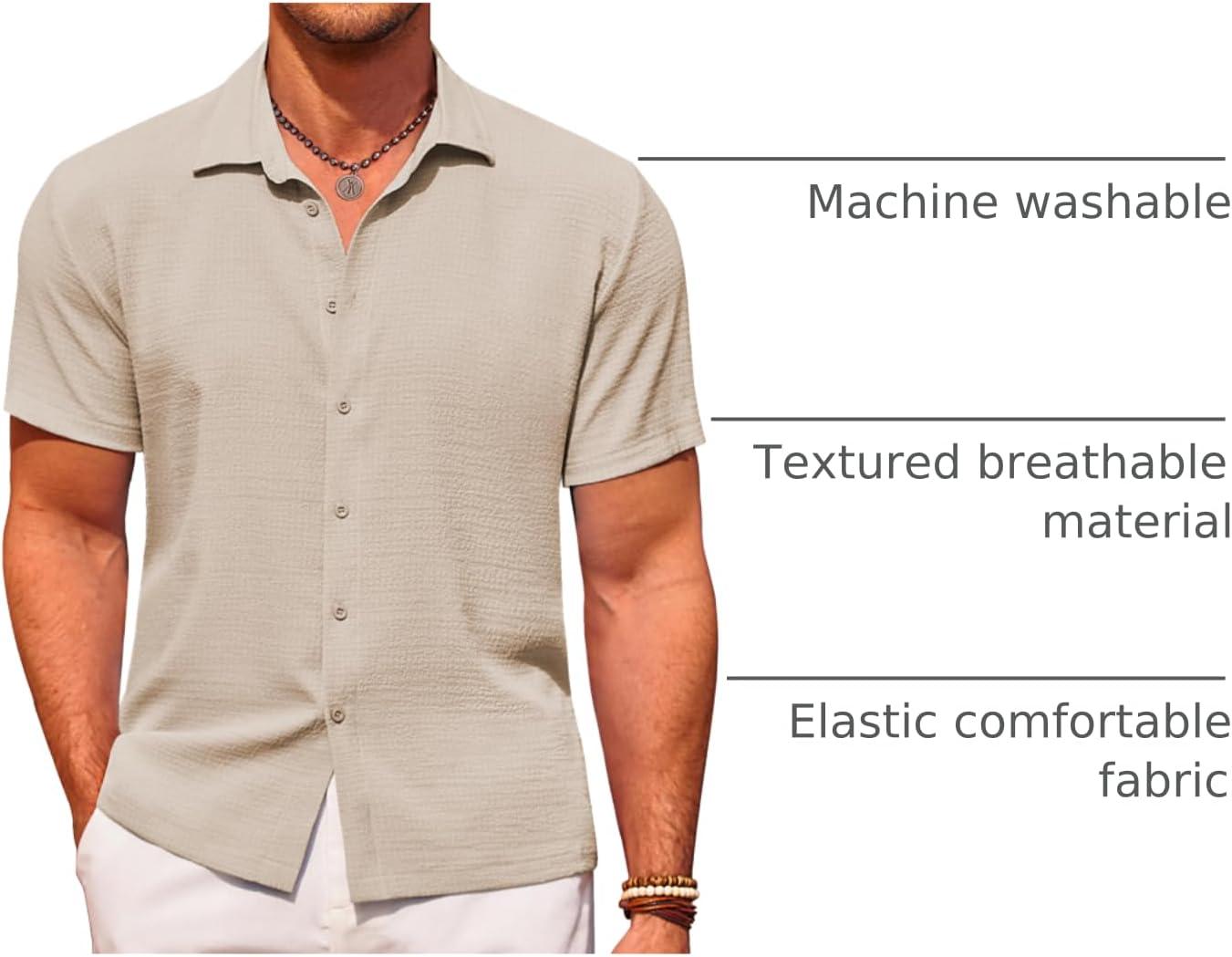 imageCOOFANDY Mens Casual Short Sleeve Button Down Shirt Textured Summer Beach ShirtLight Khaki