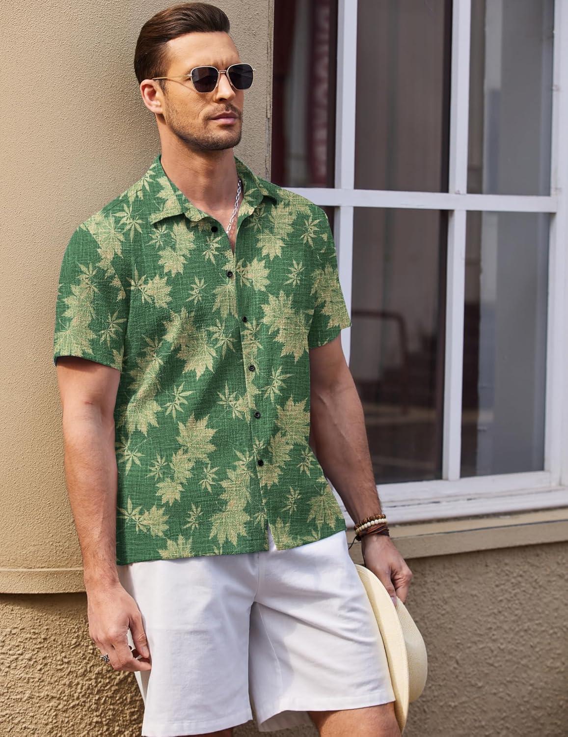 imageCOOFANDY Mens Casual Short Sleeve Button Down Shirt Textured Summer Beach ShirtPrinteddark Green