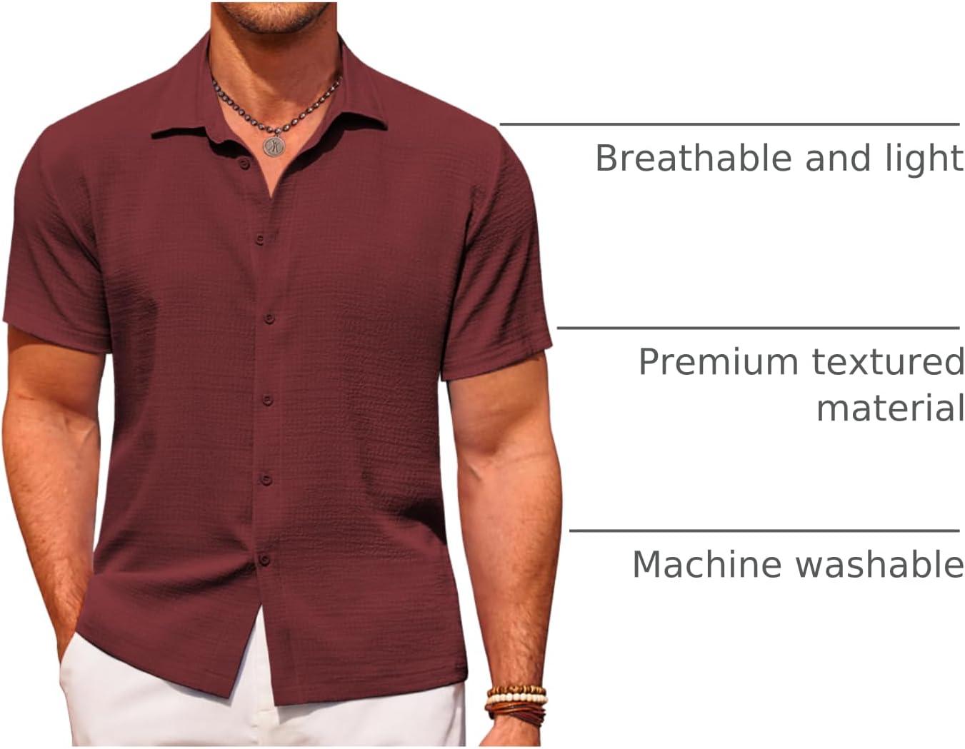 imageCOOFANDY Mens Casual Short Sleeve Button Down Shirt Textured Summer Beach ShirtWine Red