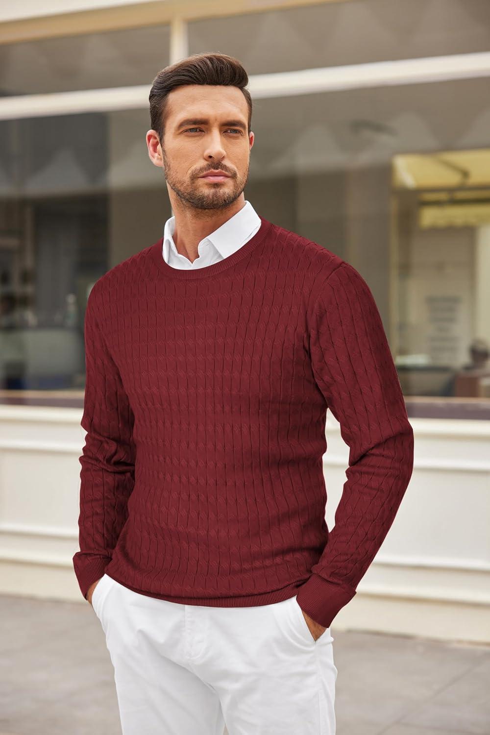 imageCOOFANDY Mens Crewneck Knit Sweater Slim Fit Lightweight Casual Twist Patterned Cable Knitted PulloverRed