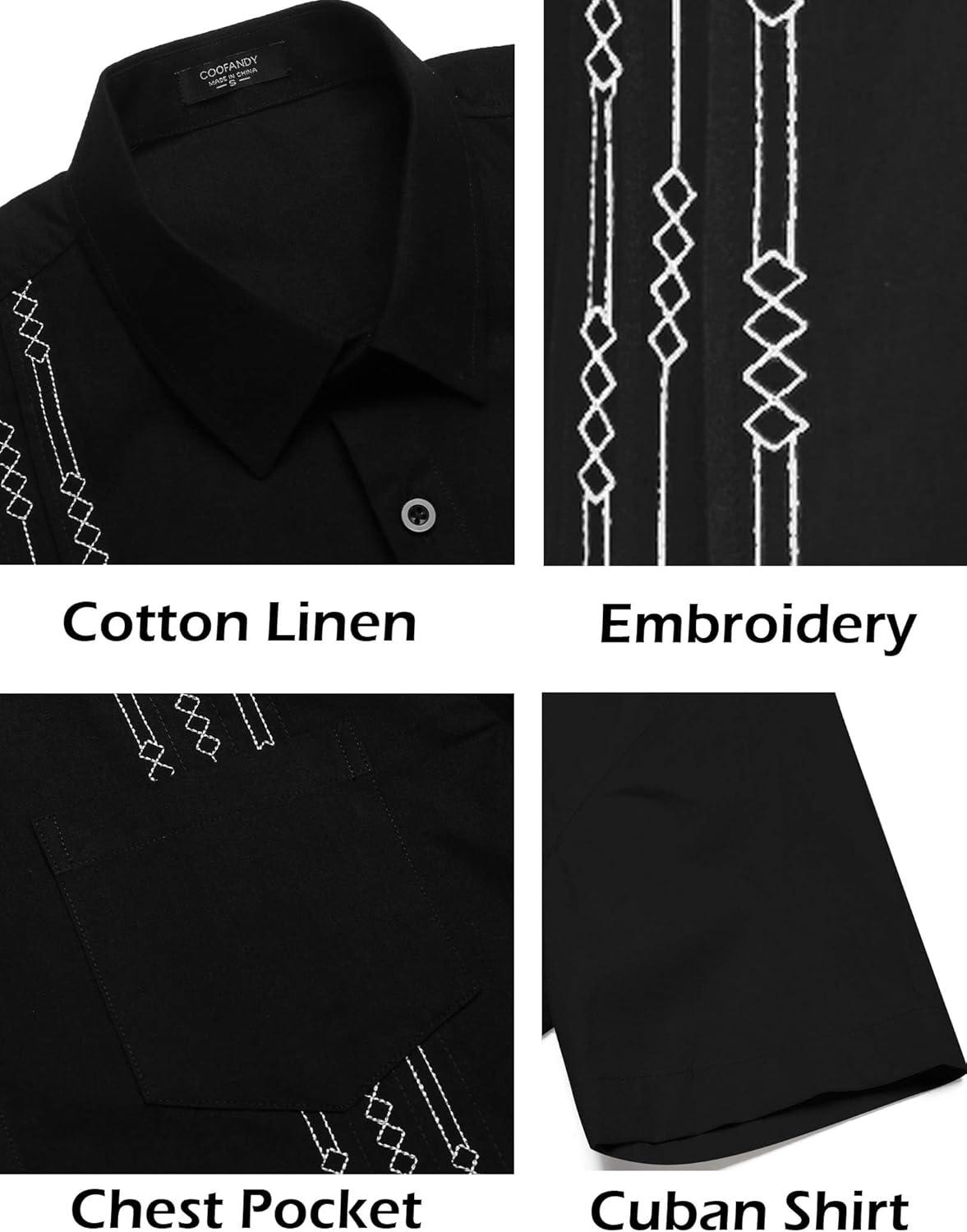 imageCOOFANDY Mens Cuban Guayabera Shirt Short Sleeve Linen Button Down Shirts Casual Summer Beach TopsBlack Black