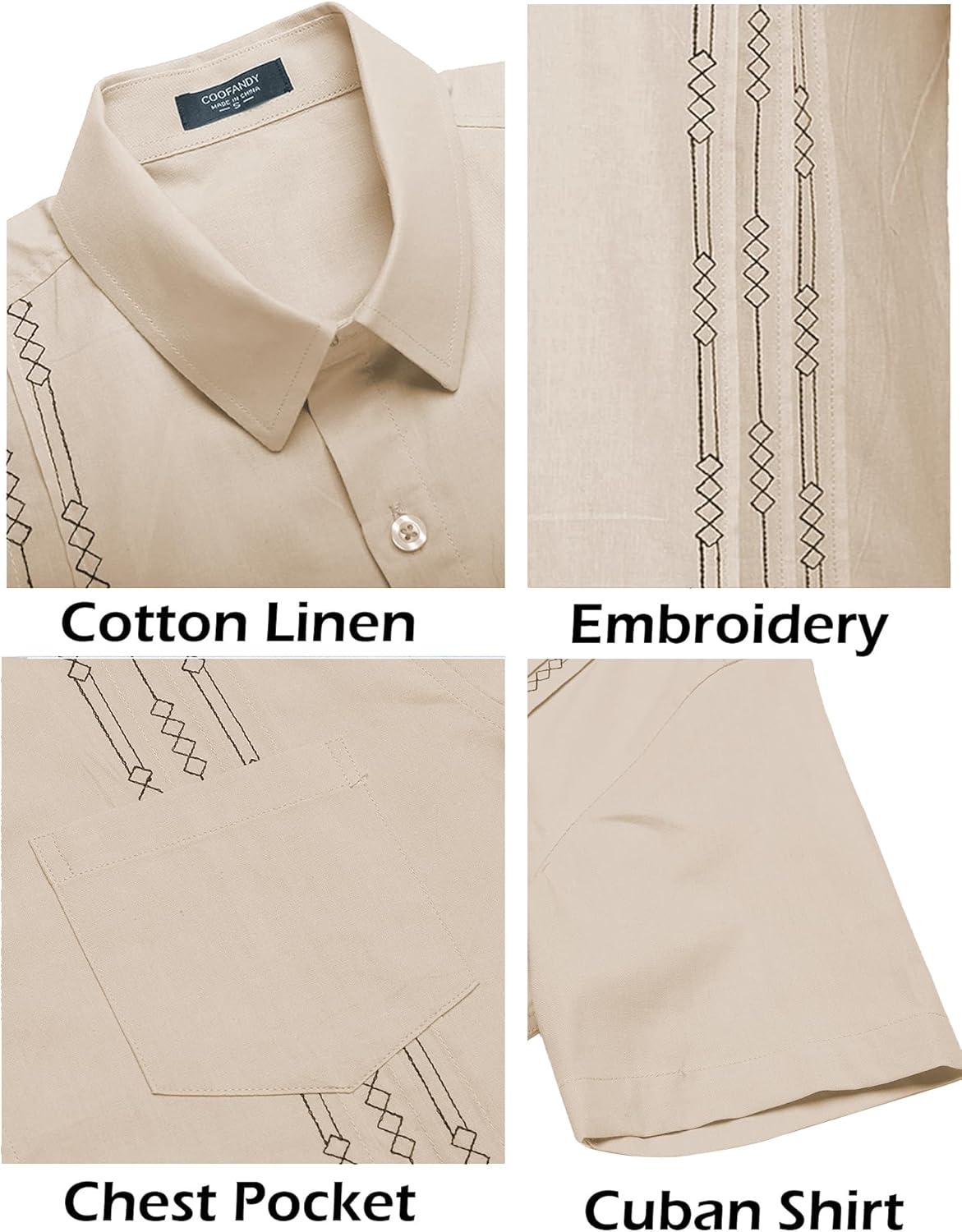 imageCOOFANDY Mens Cuban Guayabera Shirt Short Sleeve Linen Button Down Shirts Casual Summer Beach TopsKhaki