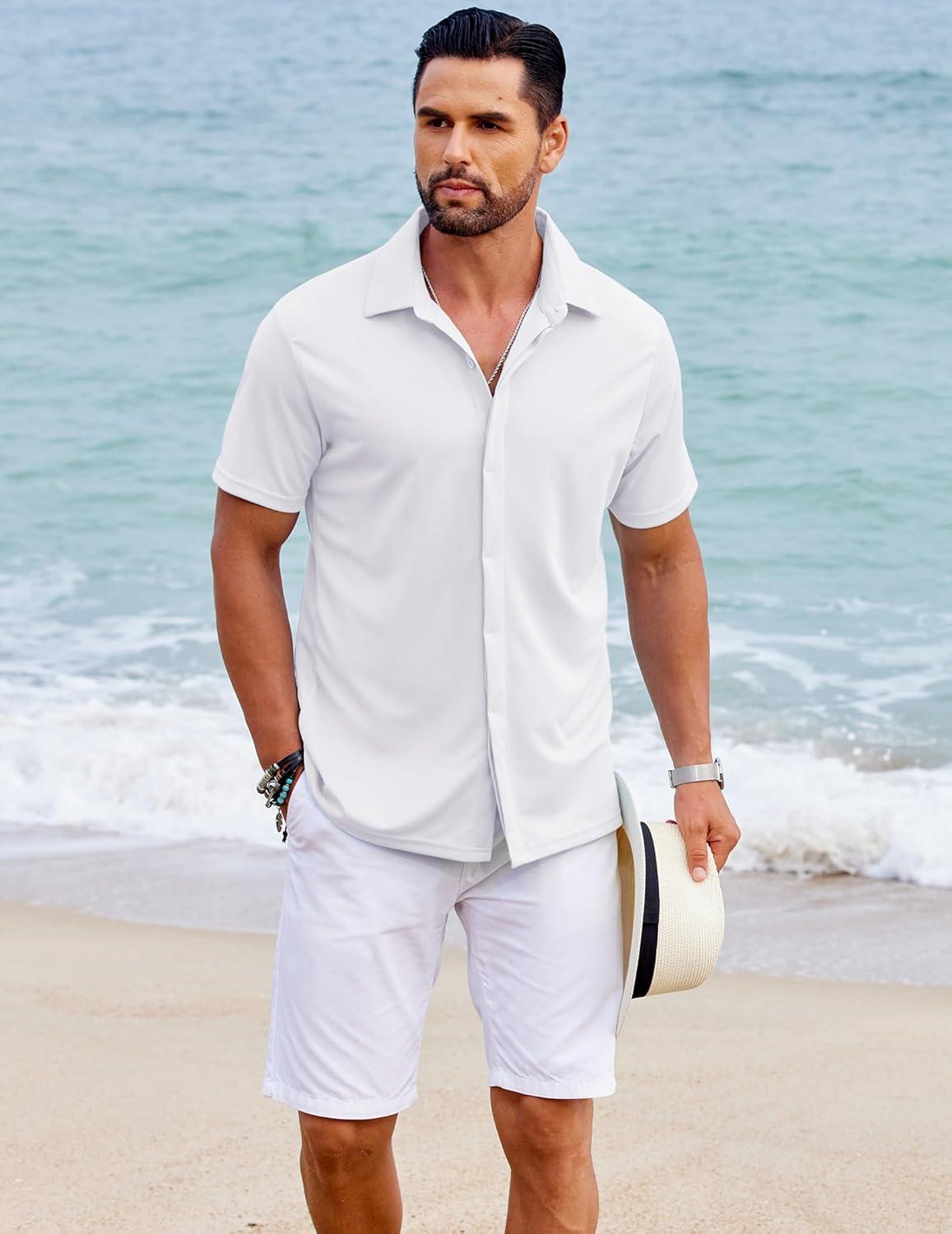imageCOOFANDY Mens Dress Shirts Button Down Short Sleeve Shirt Summer Shirts Casual Wrinkle Free Muscle Fit ShirtsWhite