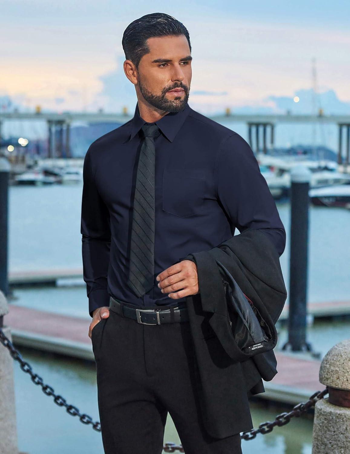 imageCOOFANDY Mens Dress Shirts Long Sleeve Business Shirts Stain Shield Mens Button Down ShirtNavy Blue