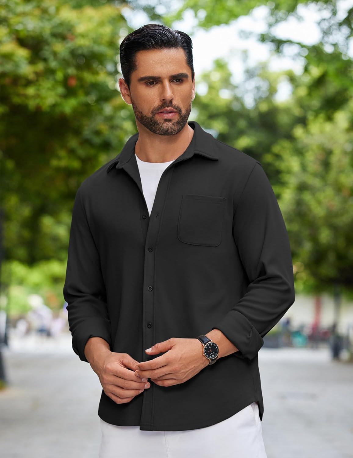 imageCOOFANDY Mens Flannel Shirts Long Sleeve Thermal Button Down Shirt Shacket Lightweight JacketBlack