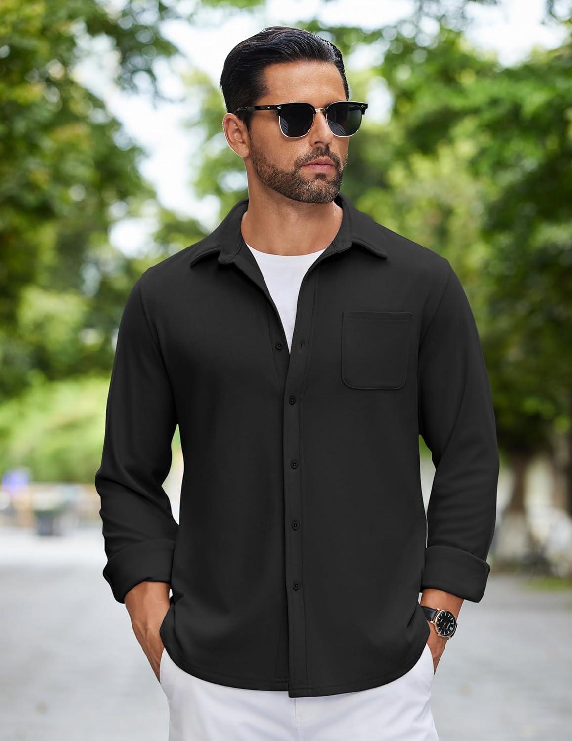 imageCOOFANDY Mens Flannel Shirts Long Sleeve Thermal Button Down Shirt Shacket Lightweight JacketBlack