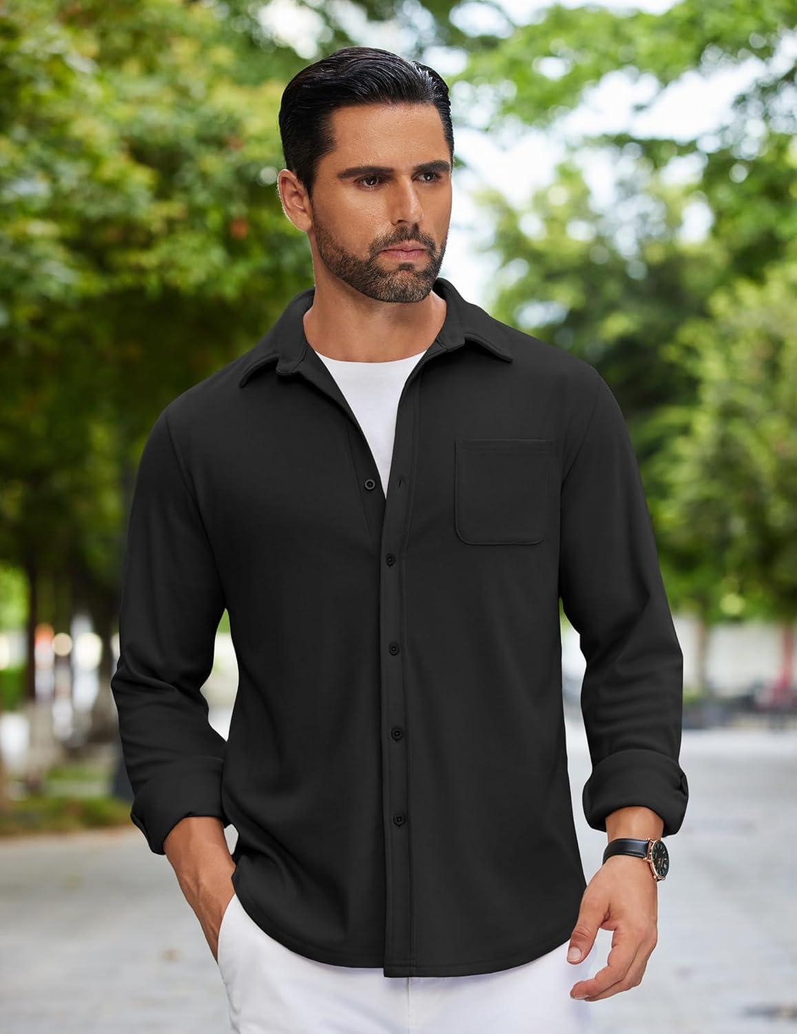 imageCOOFANDY Mens Flannel Shirts Long Sleeve Thermal Button Down Shirt Shacket Lightweight JacketBlack