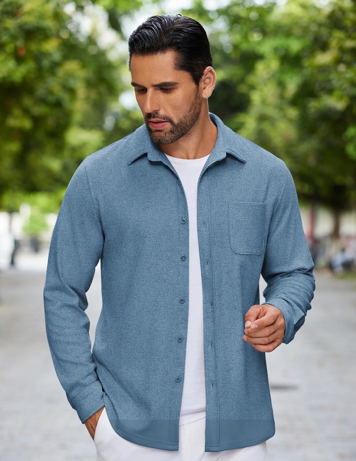 imageCOOFANDY Mens Flannel Shirts Long Sleeve Thermal Button Down Shirt Shacket Lightweight JacketBlue