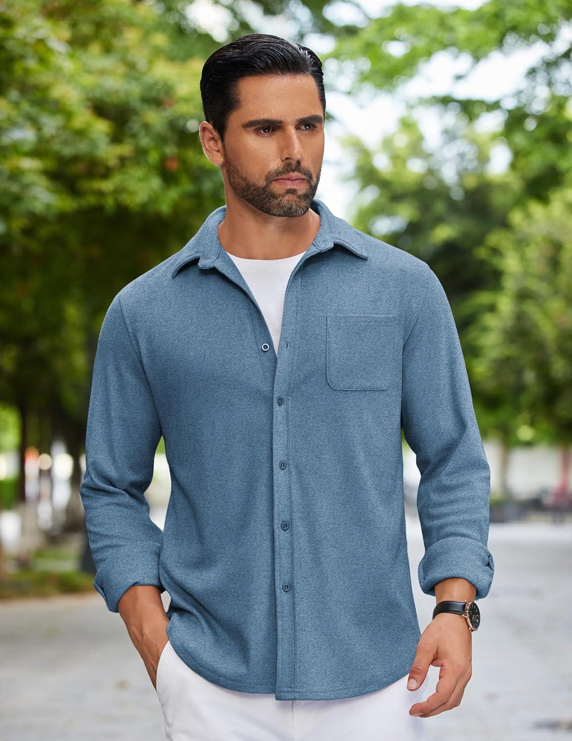 imageCOOFANDY Mens Flannel Shirts Long Sleeve Thermal Button Down Shirt Shacket Lightweight JacketBlue