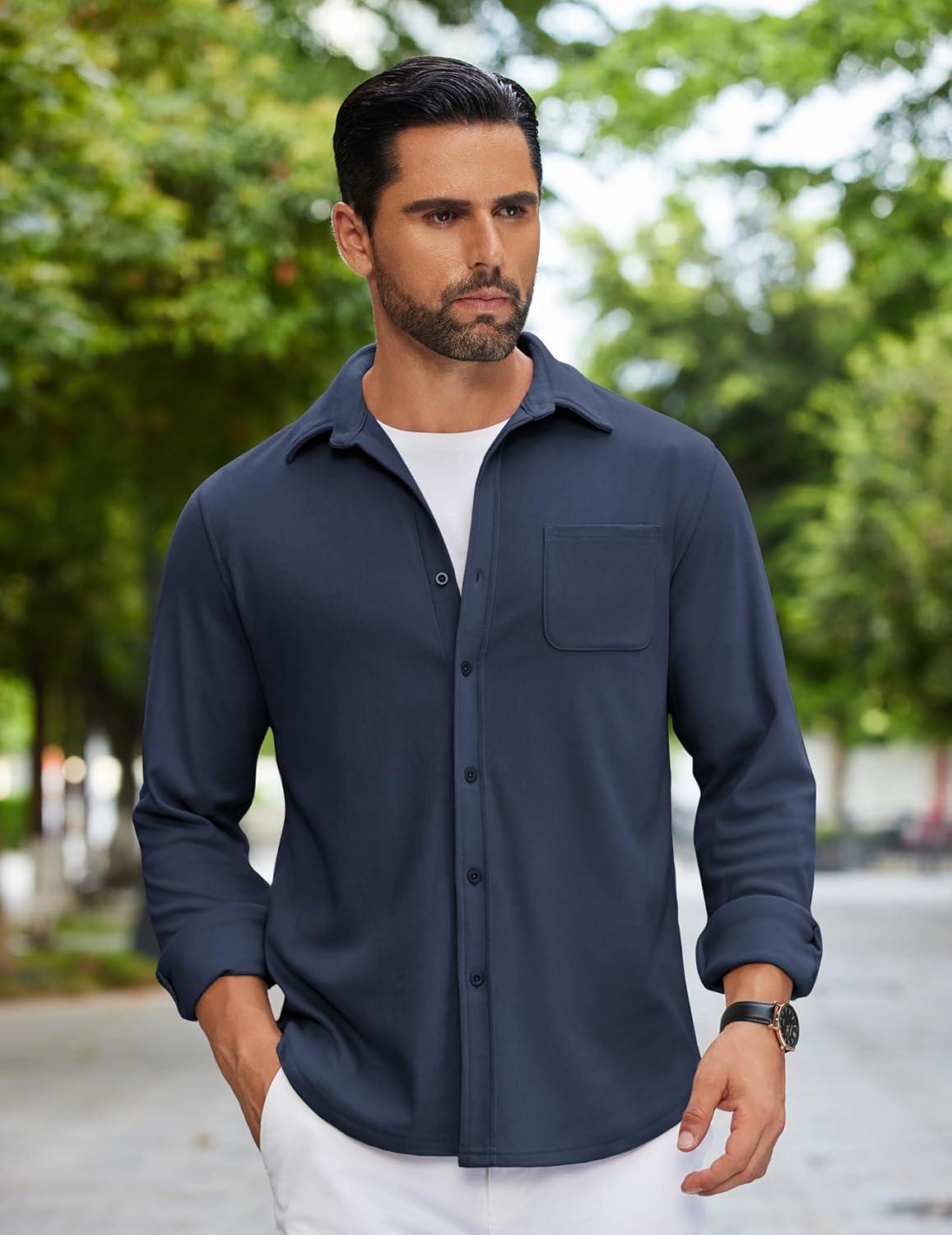 imageCOOFANDY Mens Flannel Shirts Long Sleeve Thermal Button Down Shirt Shacket Lightweight JacketDark Blue
