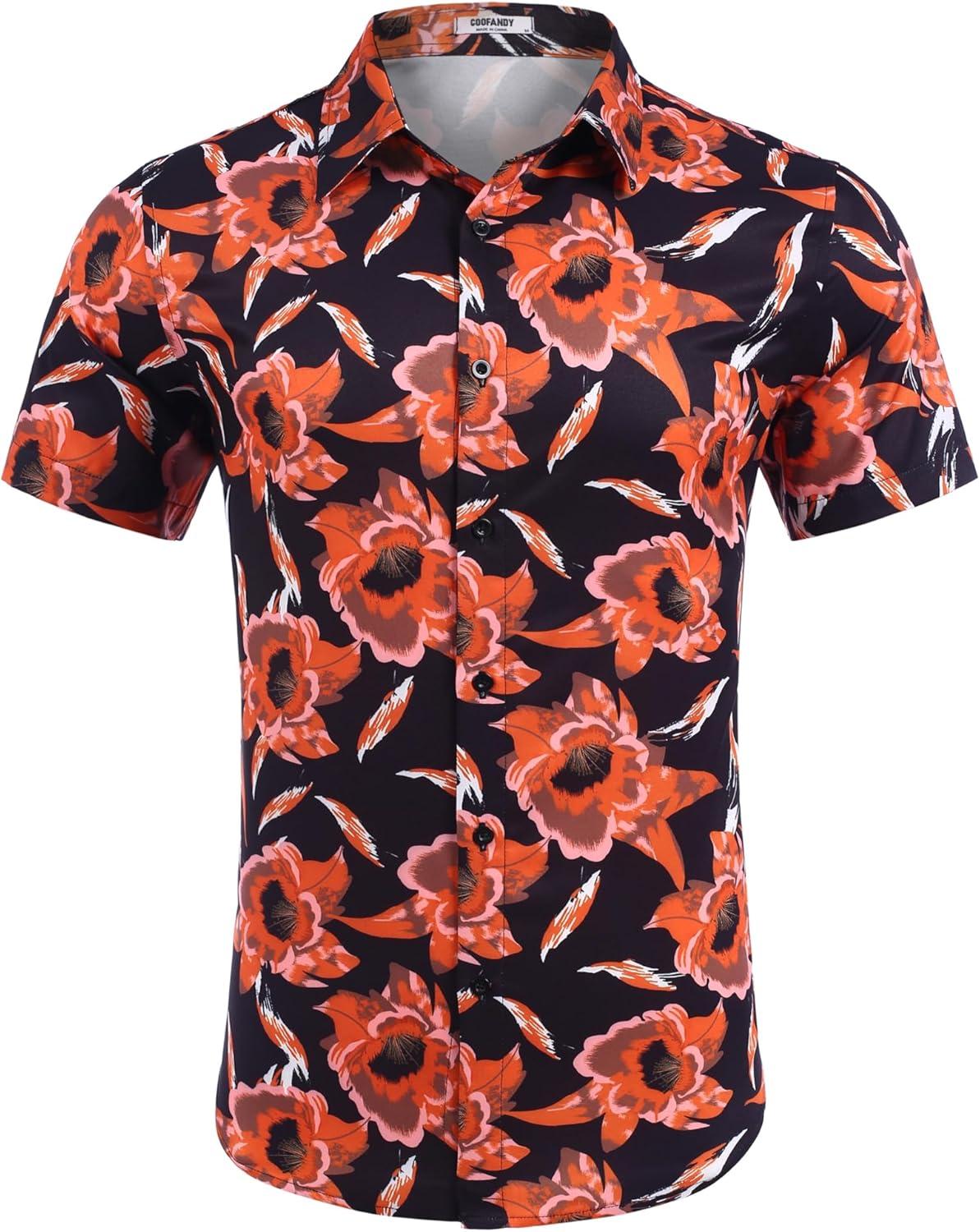 imageCOOFANDY Mens Hawaiian Shirts Short Sleeve Button Down Shirt Casual Summer Beach Shirts Floral Tropical Vacation Resort WearOrangefloral