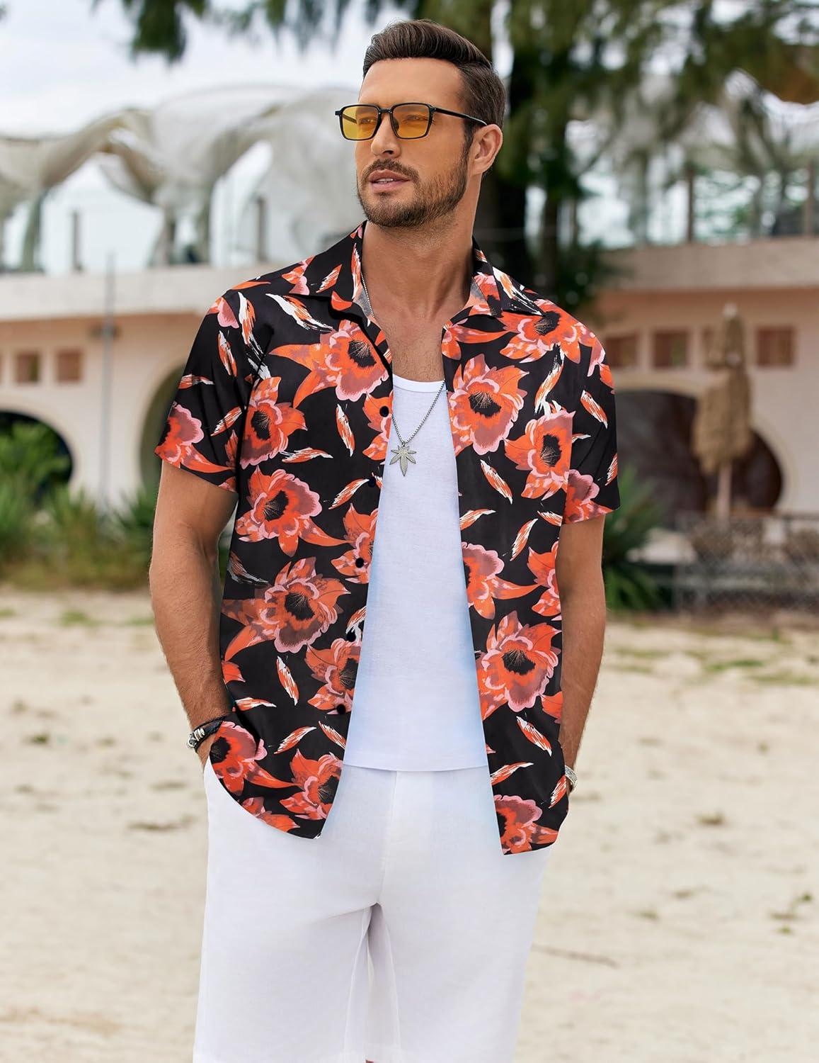 imageCOOFANDY Mens Hawaiian Shirts Short Sleeve Button Down Shirt Casual Summer Beach Shirts Floral Tropical Vacation Resort WearOrangefloral