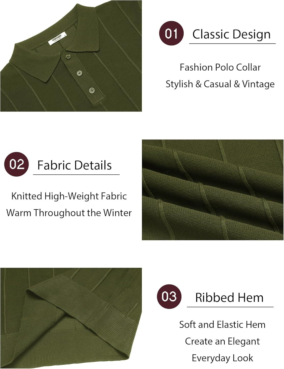 imageCOOFANDY Mens Knit Long Sleeve Polo Sweater Business Casual Collared Golf Sweaters Ribbed Textured Activewear PolosArmy Green