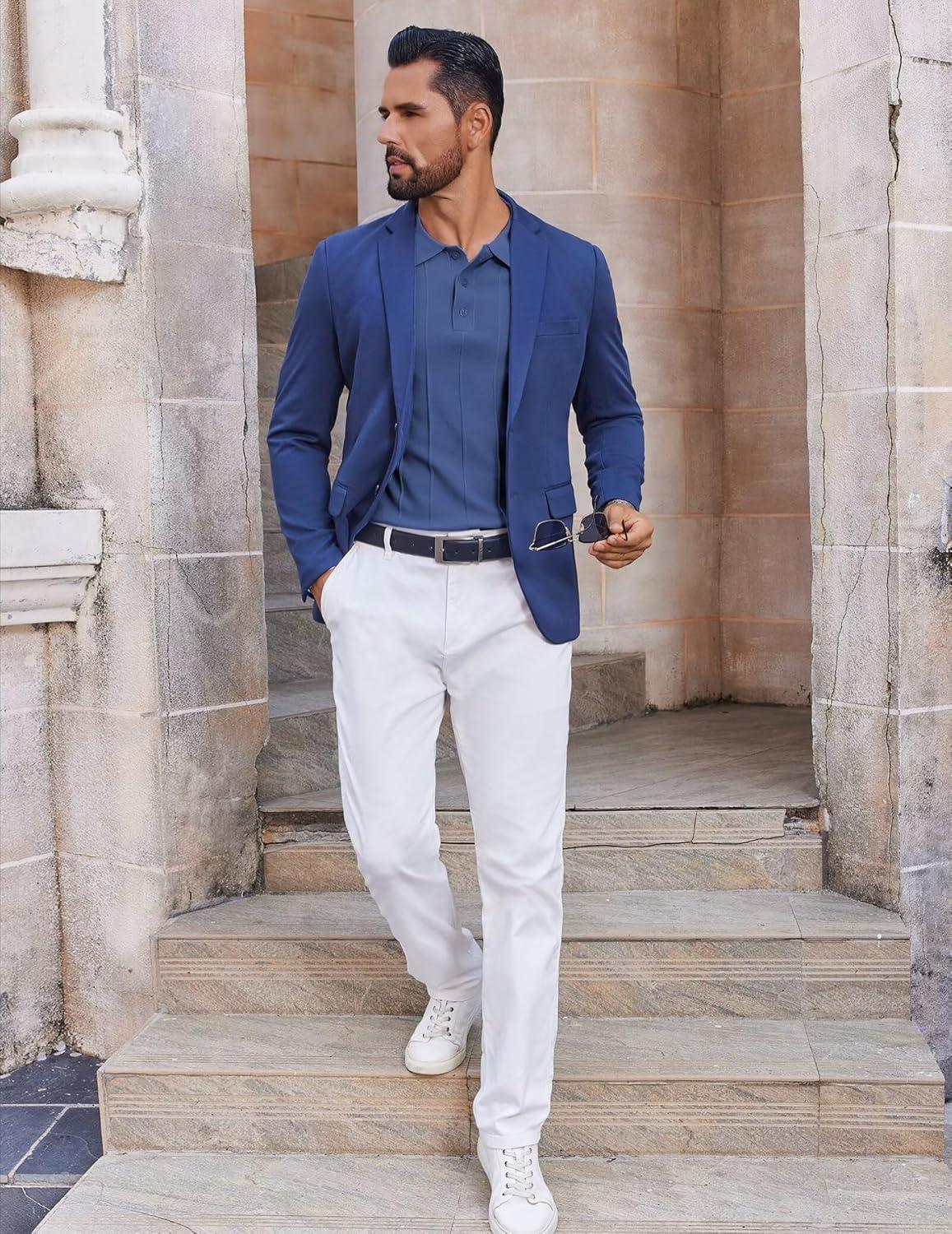 imageCOOFANDY Mens Knit Long Sleeve Polo Sweater Business Casual Collared Golf Sweaters Ribbed Textured Activewear PolosBlue